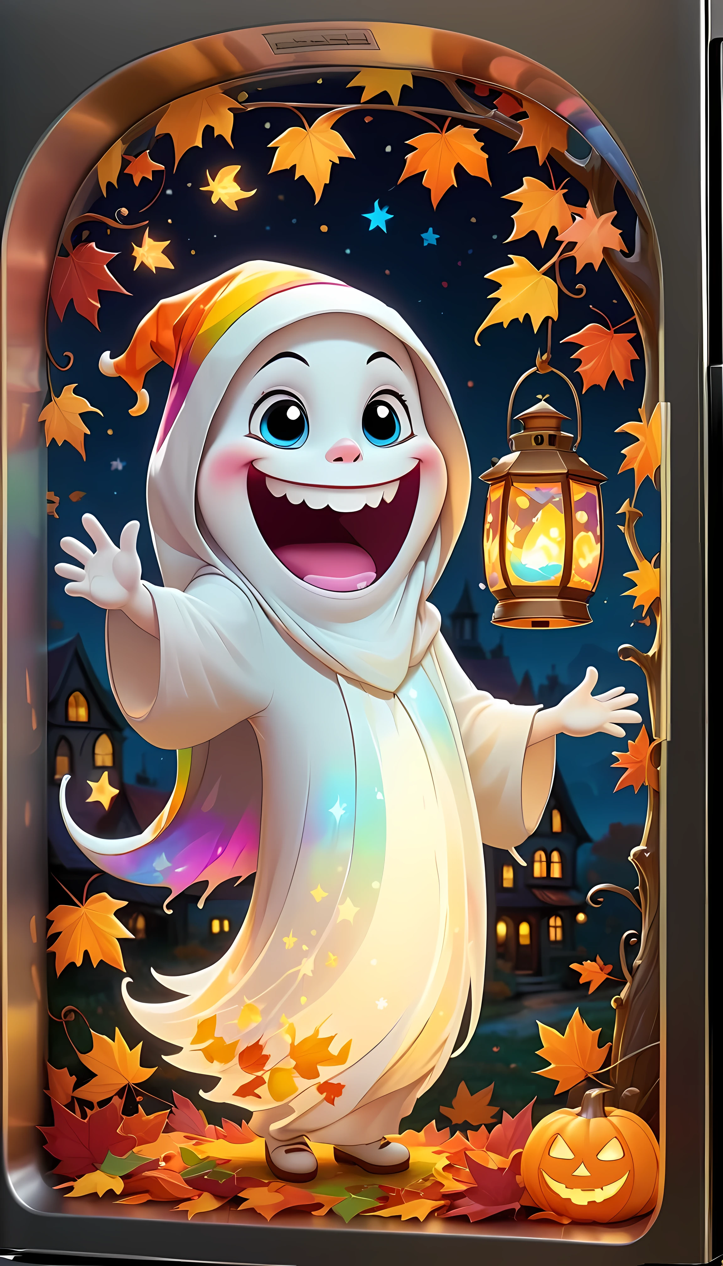 CuteCartoonAF, Cute Cartoon, masterpiece in maximum 16K resolution, superb quality, (a big sticker) on the modern fridge, designed as a cheerful ghost character holding a glowing lantern, floating amidst (colorful) autumn leaves, a friendly smile and playful expression, with the lantern emitting a warm inviting light, surrounded with twinkling stars and a crescent moon in the night magical sky, intricate gothic symbolore_Detail))