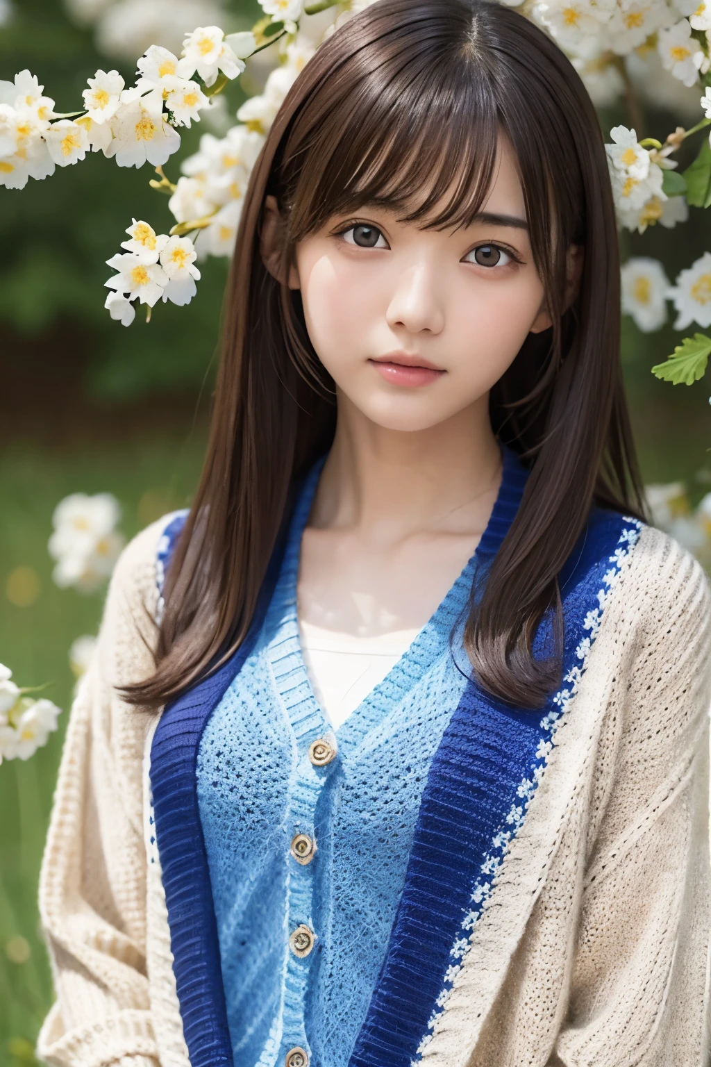 masterpiece、highest quality、一人のgirl、(beautiful girl、繊細なgirl:1.3)、(16 years old:1.3)、very fine eyes、(symmetrical eyes:1.3)、(A meadow full of rape blossoms:1.2)、(adult fashion、knit cardigan:1.3)、small breasts、brown eyes、bangs parting、brown hair、girl、(Eye and face details:1.0)、(Close up to face、face zoom、face focus:0.1)
