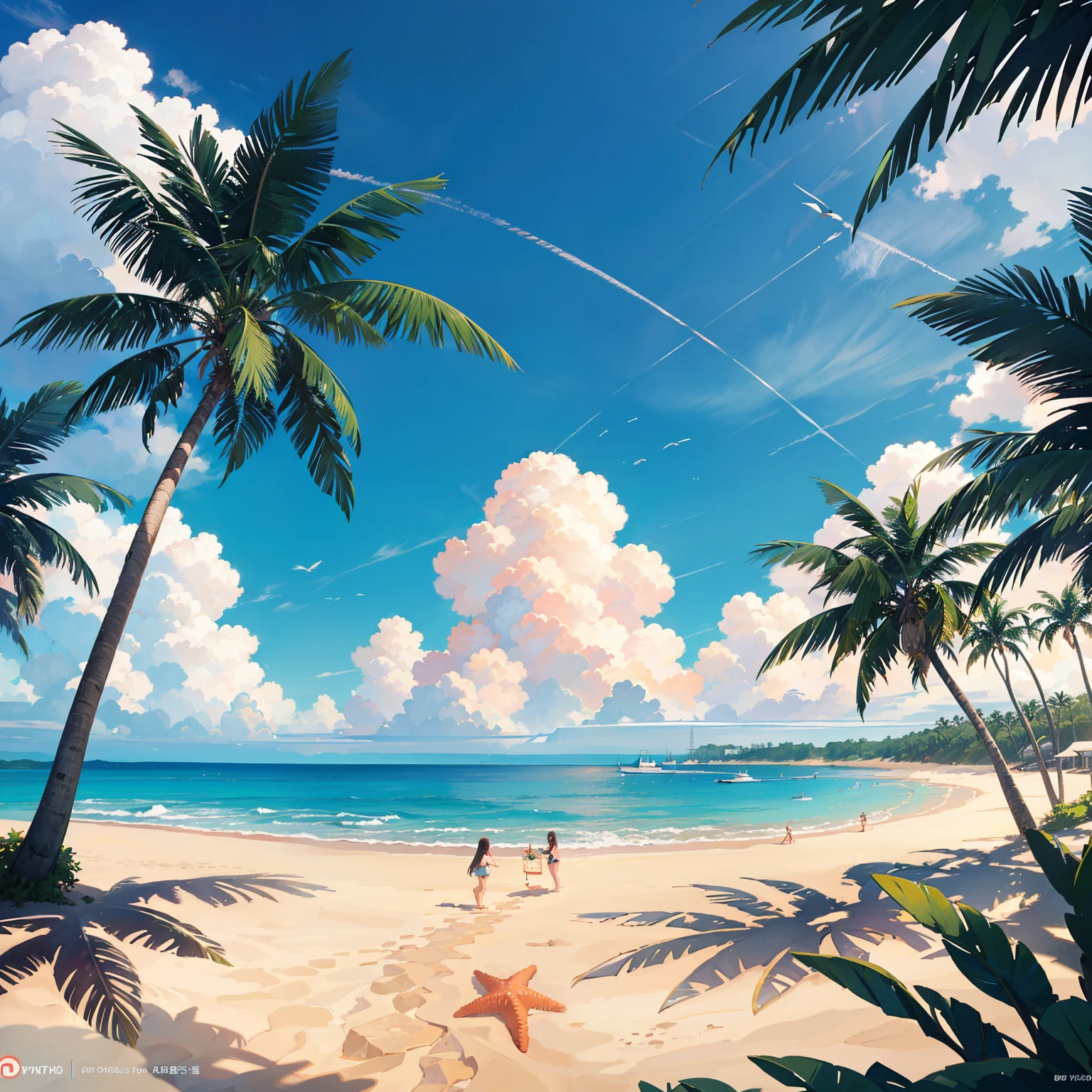 There is a photo of a beach with palm trees and starfish, beach background, mobile game background, seaside background, island background, background artwork, background art, anime background art, awesome wallpaper, sunny day background, Refreshing background, On the beach on a sunny day, beautiful wallpaper, amazing background, anime background, tropical beach paradise, iPhone background, Beach scenery -- automatic