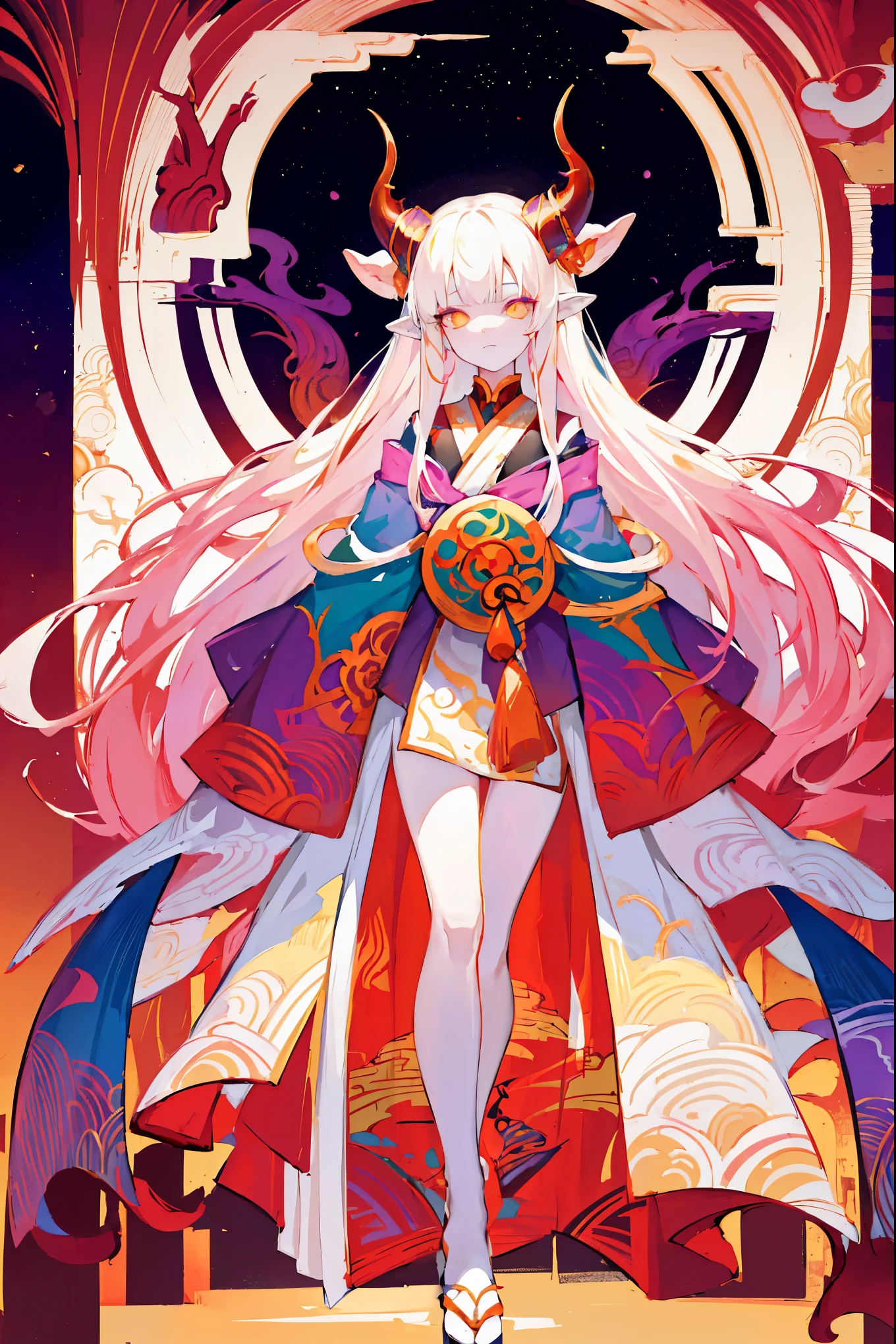 Designed by nty, a woman is, (Albino demon girl standing, long and complex horns:1.2, colorful clothes), intricate details, Colorful background, Abstract,Onmyoji Detailed Art, Oriental traditional art style, beautiful painting style, Ukiyo-style, masterpiece, top quality, best quality, ultra high resolution