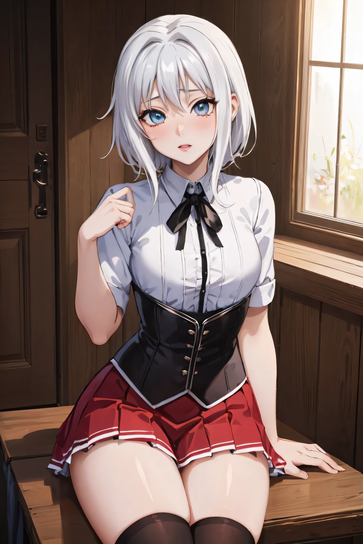 Koneko Toujou (DXD), 1girl, white hair, short hair, 
BREAK (konekouniform, school uniform, white shirt, skirt, red skirt, black ribbon, masterpiece, black corset, kneehighs, black socks:1.2),
BREAK sitting,
BREAK (masterpiece:1.2), best quality, high resolution, unity 8k wallpaper, (illustration:0.8), (beautiful detailed eyes:1.6), extremely detailed face, perfect lighting, extremely detailed CG, (perfect hands, perfect anatomy),