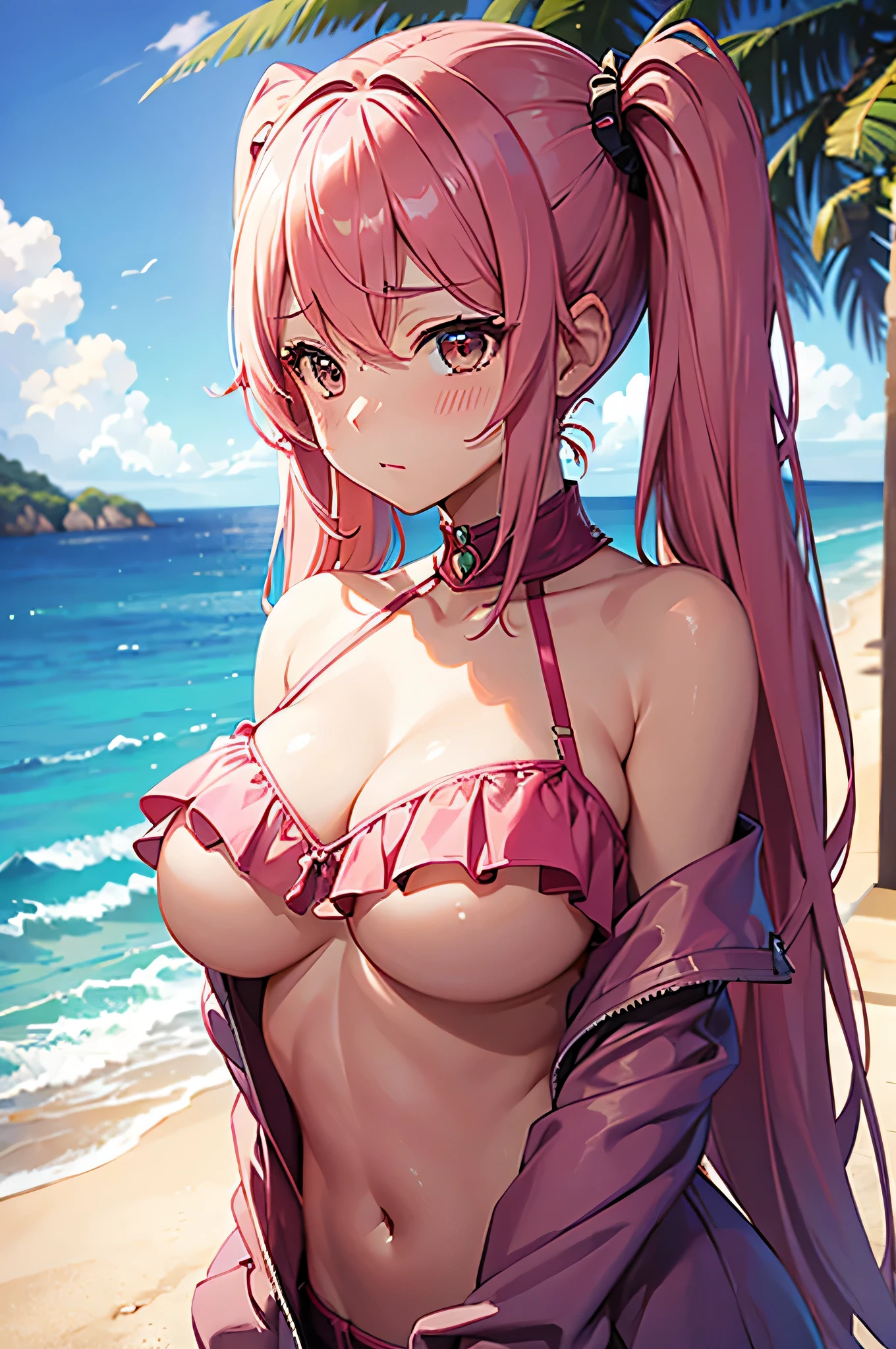 1 girl, cute, breast enlargement, blush, embarrassed look, ((Cover the areola with your palm)), (look down), brown eyes, (gently put your hand on your chest), I can see your breasts, Topless , pink hair, short hair, twin tails, , locker room,bare shoulders,more_detailed:-1, more_detailed:0, more_detailed:0.5, more_detailed:1, more_detailed:1.5