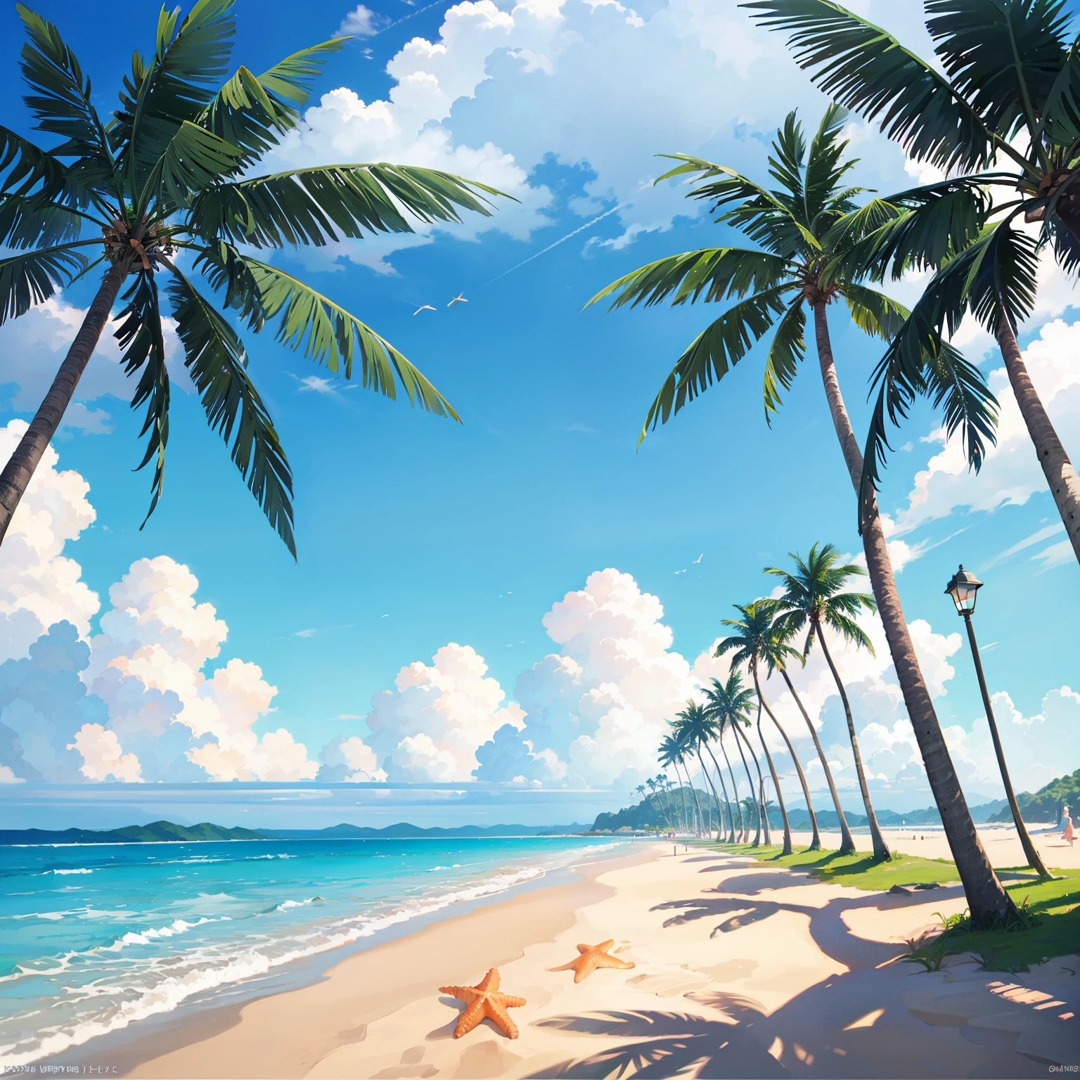 There is a photo of a beach with palm trees and starfish, beach background, mobile game background, seaside background, island background, background artwork, background art, anime background art, awesome wallpaper, sunny day background, Refreshing background, On the beach on a sunny day, beautiful wallpaper, amazing background, anime background, tropical beach paradise, iPhone background, Beach scenery -- automatic