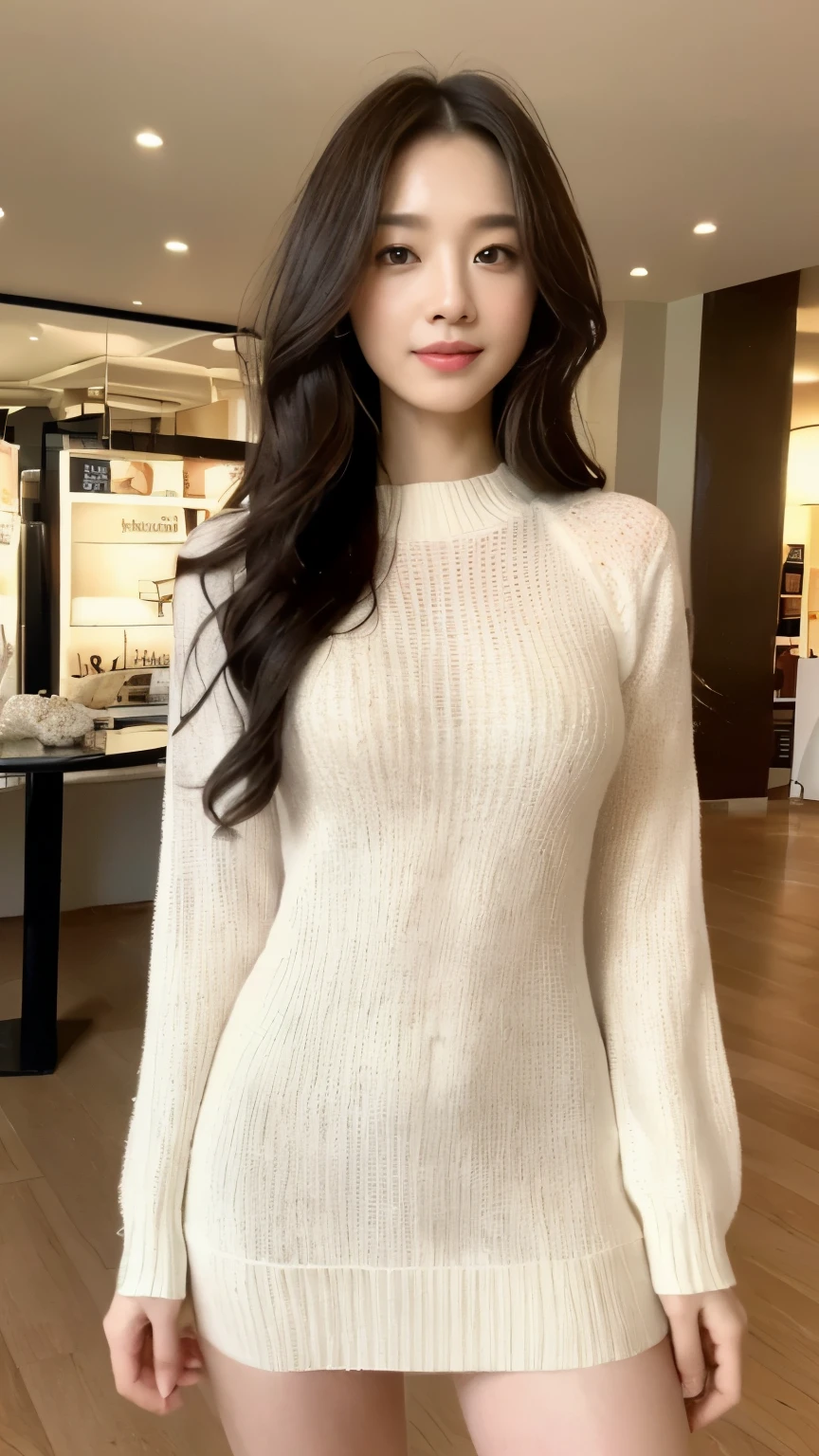((top-quality、8k、masterpiece:1.3))、Beautiful woman with perfect body:1.4、slim abdomen:1.2、Longhair, normal breast, Highly detailed facial and skin texture, A detailed eye, delicate eyes, double eyelid, (smile), (full body shot), ((shopping mall)), (standing)), ((wearing white sweater suit dress)), looking in front