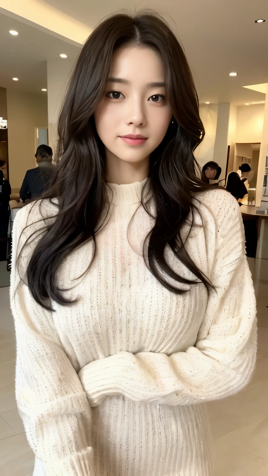 ((top-quality、8k、masterpiece:1.3))、Beautiful woman with perfect body:1.4、slim abdomen:1.2、Longhair, normal breast, Highly detailed facial and skin texture, A detailed eye, delicate eyes, double eyelid, (smile), (full body shot), ((shopping mall)), (standing)), ((wearing white sweater suit dress)), looking in front