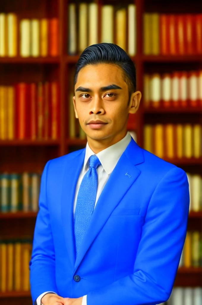 (classy, professional) portrait of a Indonesia lawyer, 25 years old, wearing a sophisticated suit with a perfectly tailored tie. He has a confident and determined expression on his face, showing his expertise and experience in the legal field. The portrait is done in a realistic and photorealistic style to capture every detail of the lawyer's features, including his beautifully detailed eyes, well-defined eyebrows, and clean-shaven face. The lighting is soft and dramatic, highlighting the lawyer's sharp and intelligent gaze. The background is a modern law firm office with shelves filled with law books, adding to the professional atmosphere. The colors are rich and warm, with a touch of blue tones to evoke a sense of trust and authority. The overall quality of the image is of the highest resolution, with ultra-fine painting details and vivid colors to create a stunning masterpiece.