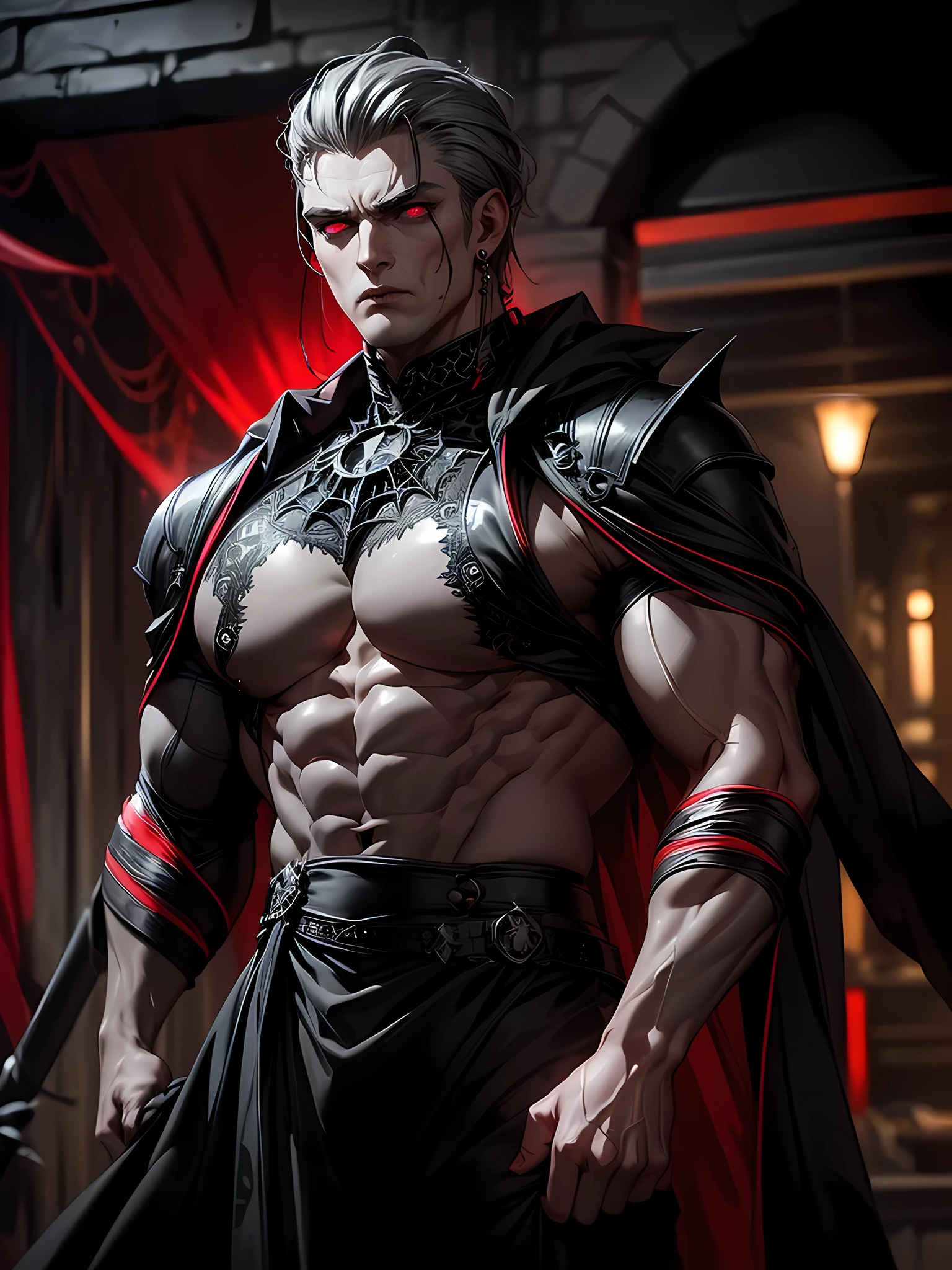 (((intricate design))) (((Top quality))) (((16K))) (((High Definition))) 16K splash art, high-res, ultra sharp, ((masterpiece)), the best quality, expressive eyes, perfect face, Super eyes, perfectly detailed anatomy, (((big pecs))) (((Volumetric lighting))) (((dark shadows))) (((cinematic lighting))) (((1male))) (((muscular))) (((bodybuilder))) (((broad shoulders))) large bulge, cyberpunk, (((mysterious appearance))), Pompadour, straight grey hair, red glowing eyes, glossy plump lips, scary, horror, multiple tongues (((grey skin))) ripped clothing, barefoot, spiders, piercings, lord of spiders, spider deity, moss, (((gothic outfit))) night, cave, multiple eyes, the spider god, demonic, dirty, sweating, moist environment, angry, chaotic, weaving web, Arachne, entangled, chains, web, bound, black liquid, 6 eyes,