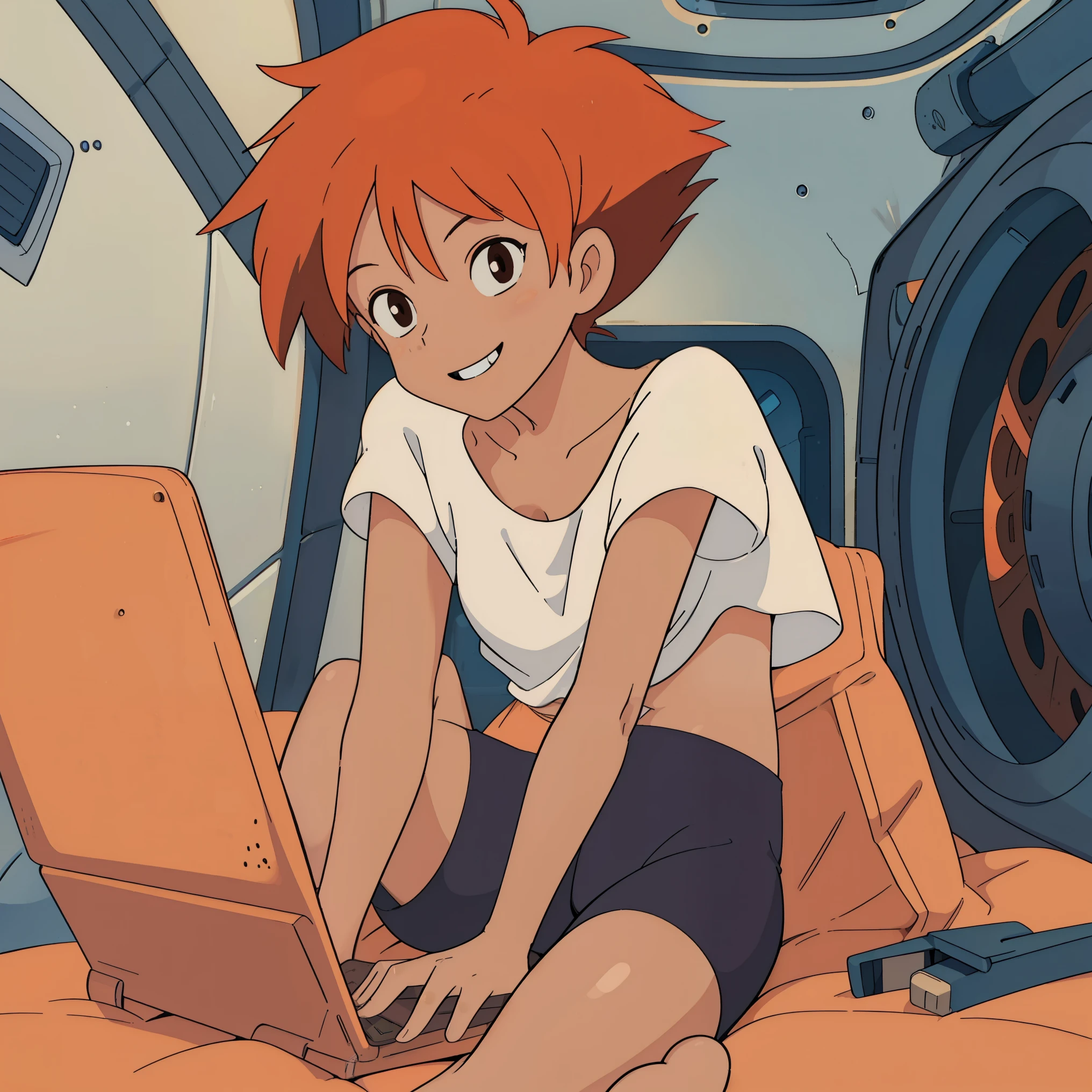 Edward,sitting on floor, typing at laptop, midriff,orange hair,white shirt,off shoulder,collarbone,tan skin, black bike shorts,goggles, brown eyes, space station,engine room, smiling, bedroom eyes, breasts, cleavage (insanely detailed, beautiful detailed face, masterpiece, best quality),