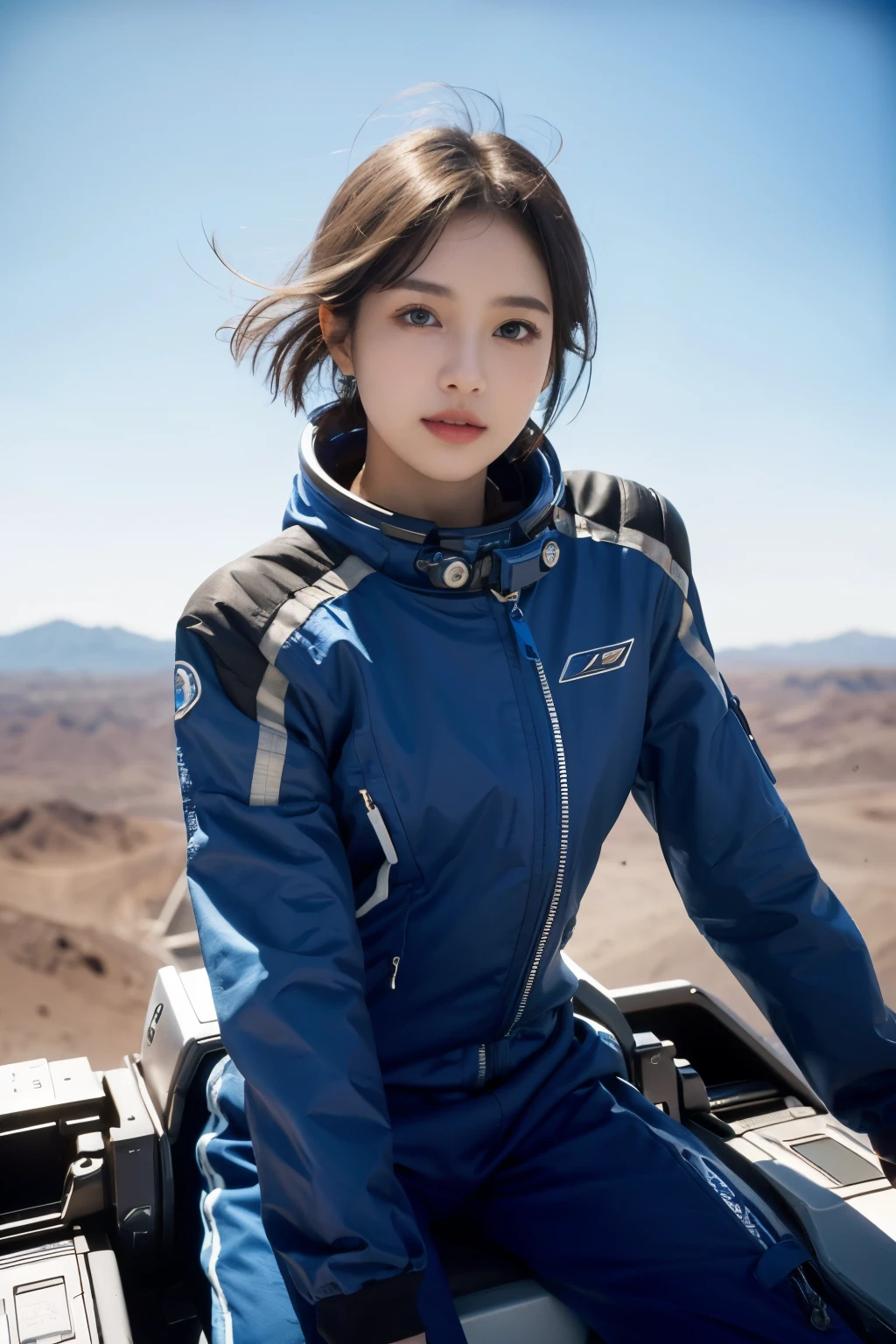 highest quality、masterpiece、ultra high resolution、(real:1.4)、Beautiful woman１、Beautiful details of eyes and skin、light brown short cut hair、small smile、perfect space suit、spaceship、Remains、blue sky、