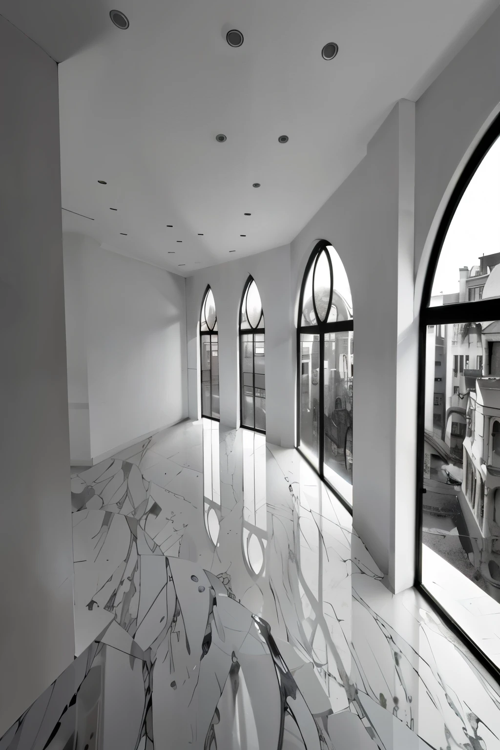 there are three arched windows in a large studio with marble floors, marble room, white marble interior photograph, marble floor, shiny marble floor, marble floors, many large windows, white marble walls, floor to ceiling window, room mono window, large glass windows, floor - to - ceiling windows, ceiling to floor windows, inside white room, reflective floor