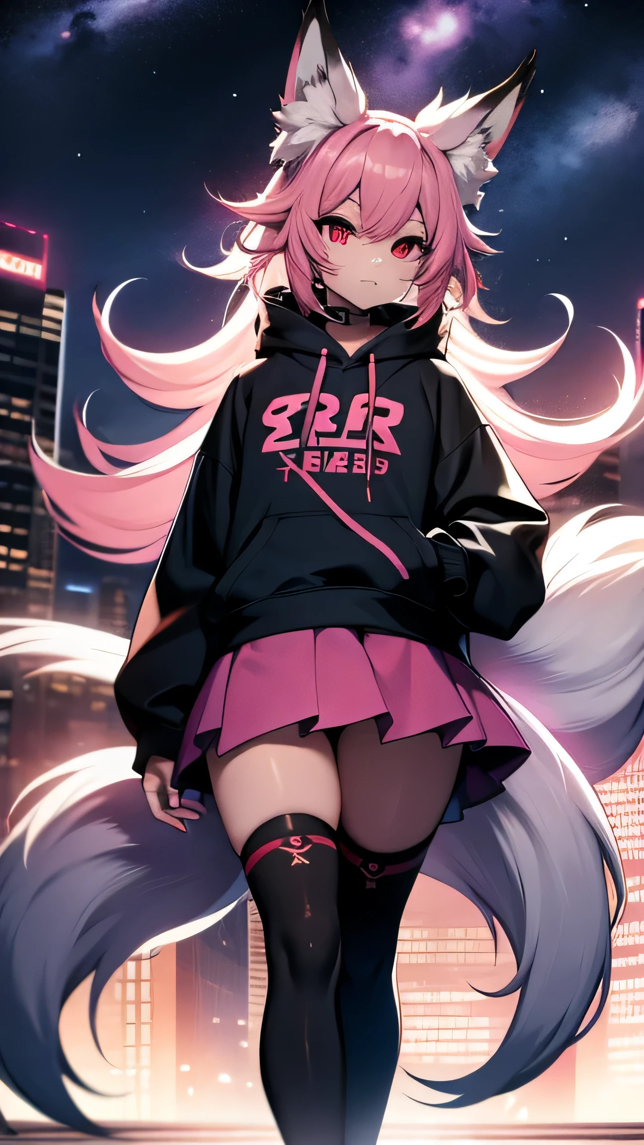 solo female with long flowing bright pink hair, has fox ears, has fox tail, has nine tails, wearing skirt and a cropped black hoodie, wearing thigh high socks, solo, alone, no foxes, showing belly, has pink eyes, beautiful night sky, sneakers, black collar, mature, adult