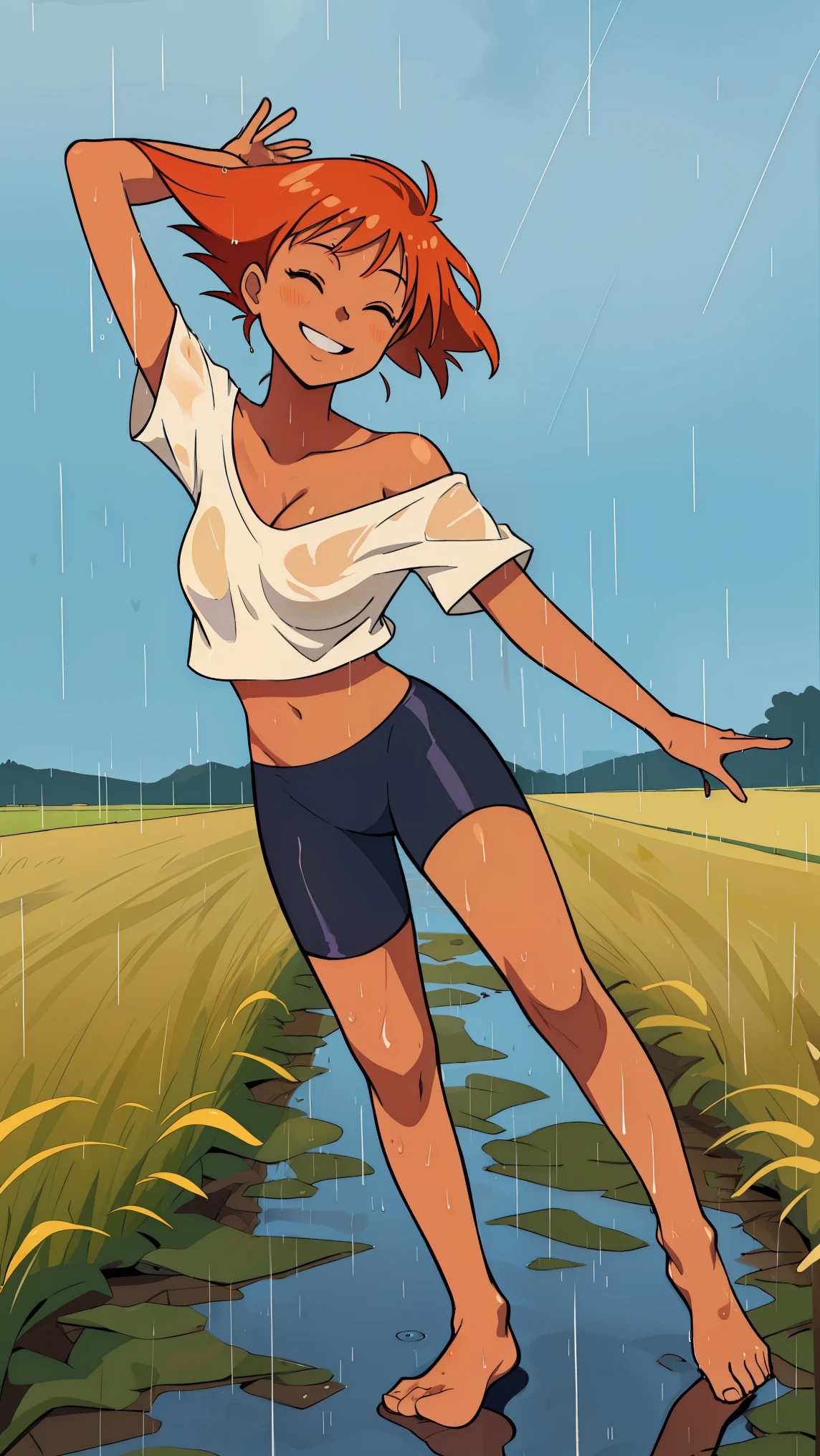 Edward, (((dancing))) in the rain, barefoot, raining hard, full body, feet in puddle,  hands in the air, looking up at the sky, eyes closed, (((field background))) smiling, wet clothes, wet hair, clothing clinging to skin, midriff,orange hair,white shirt,off shoulder,collarbone,tan skin, black bike shorts,goggles, brown eyes, smiling, breasts, cleavage (insanely detailed, beautiful detailed face, masterpiece, best quality),