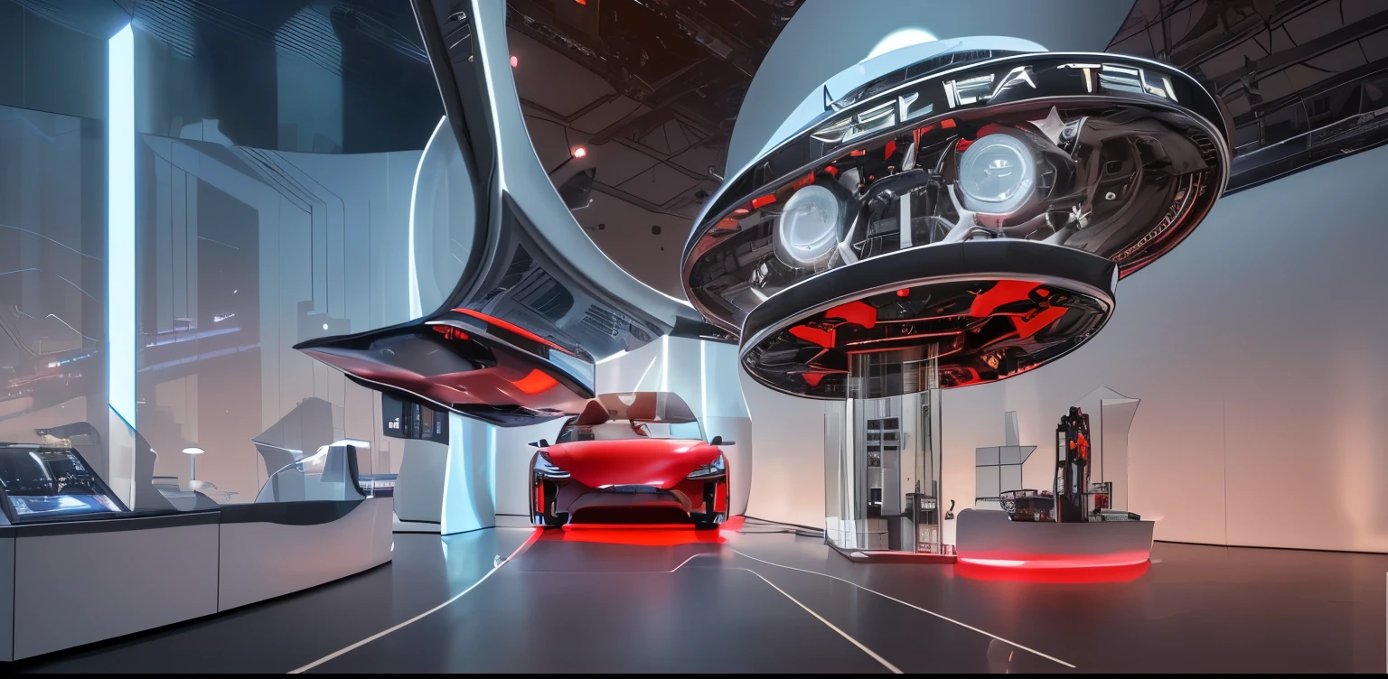 Tesla display space,car assembly display,holographic,high tech,future,High precision,Exhibition design,Immersive,future,cyberpunk,