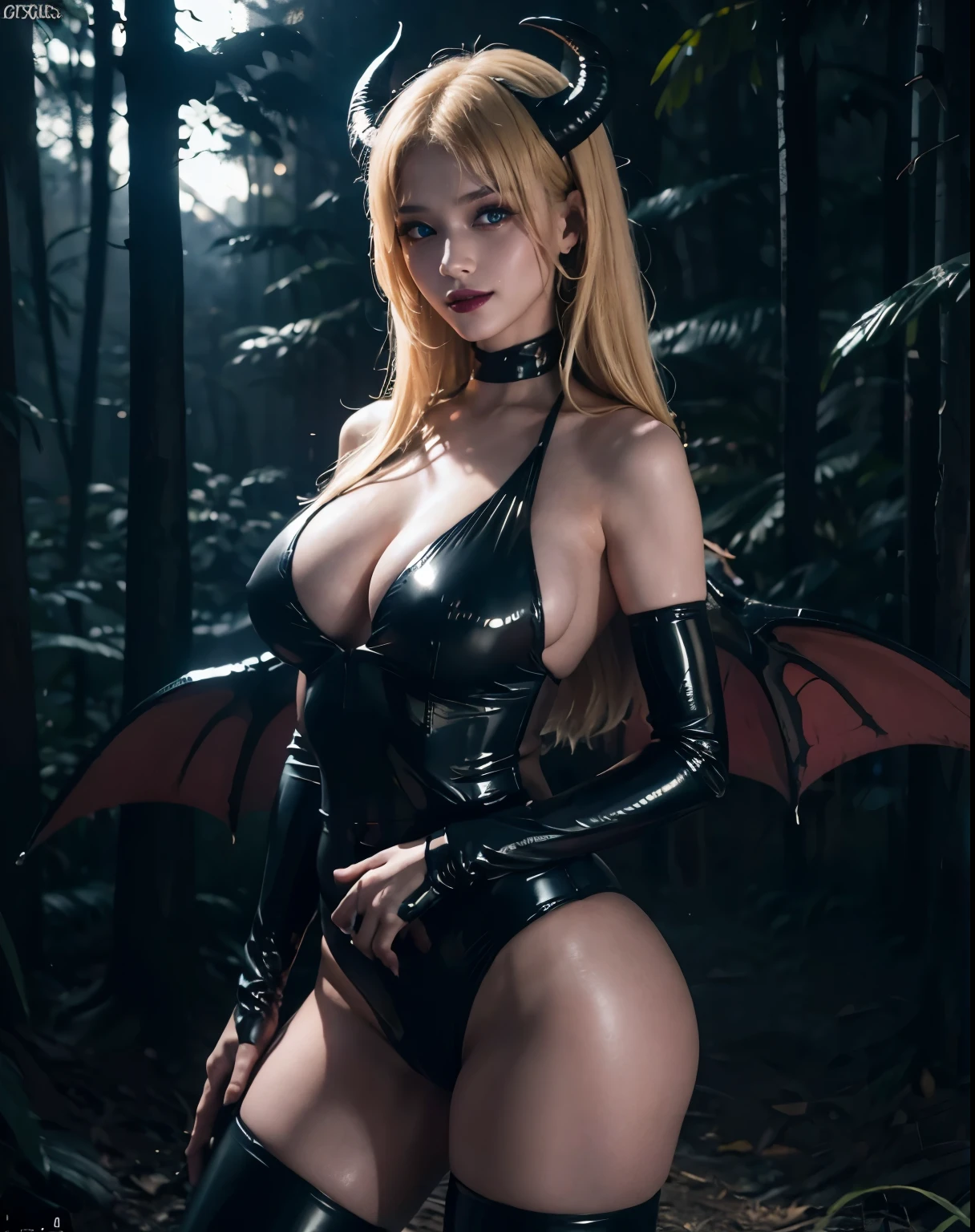 1girl, (Blue Eyes), (smiling :1.2), (Sana Minatozaki), (black makeup :1.3), wide , Big , big , (Best Quality, 8k, Masterpiece: 1.3), Clear Focus: 1.2, Perfect Body Beauty: 1.4, strong abs, Highly detailed face and skin texture, detailed eyes, double eyelids, , red lips, (blond long straight hair :1.2), black latex , latex stockings, demon horns, (demon wings :1.2),  succubus, standing, dynamic pose, dim light, ((dark theme :1.3)), (darkness), in a fantasy forest at night