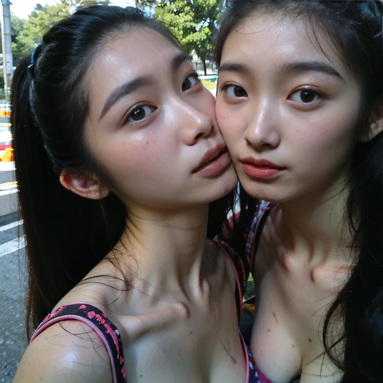 (In 4K、RAW photo、highest quality、High resolution:1.1)、(genuine、フォトgenuine:1.2)、Japanese、identical twin sisters、Let's get along well together、focus of the eye、dark brown eyes:1.3)、(((fineness of skin:1.3)))、 (freckles:0.2)、皮膚のmud、acne、皮膚のmud、mud、fluff、acne、bloodstains、impurities、parted lips、long eyelashes、(I'm going to kiss you:1.5)、Breasts F/1.2、