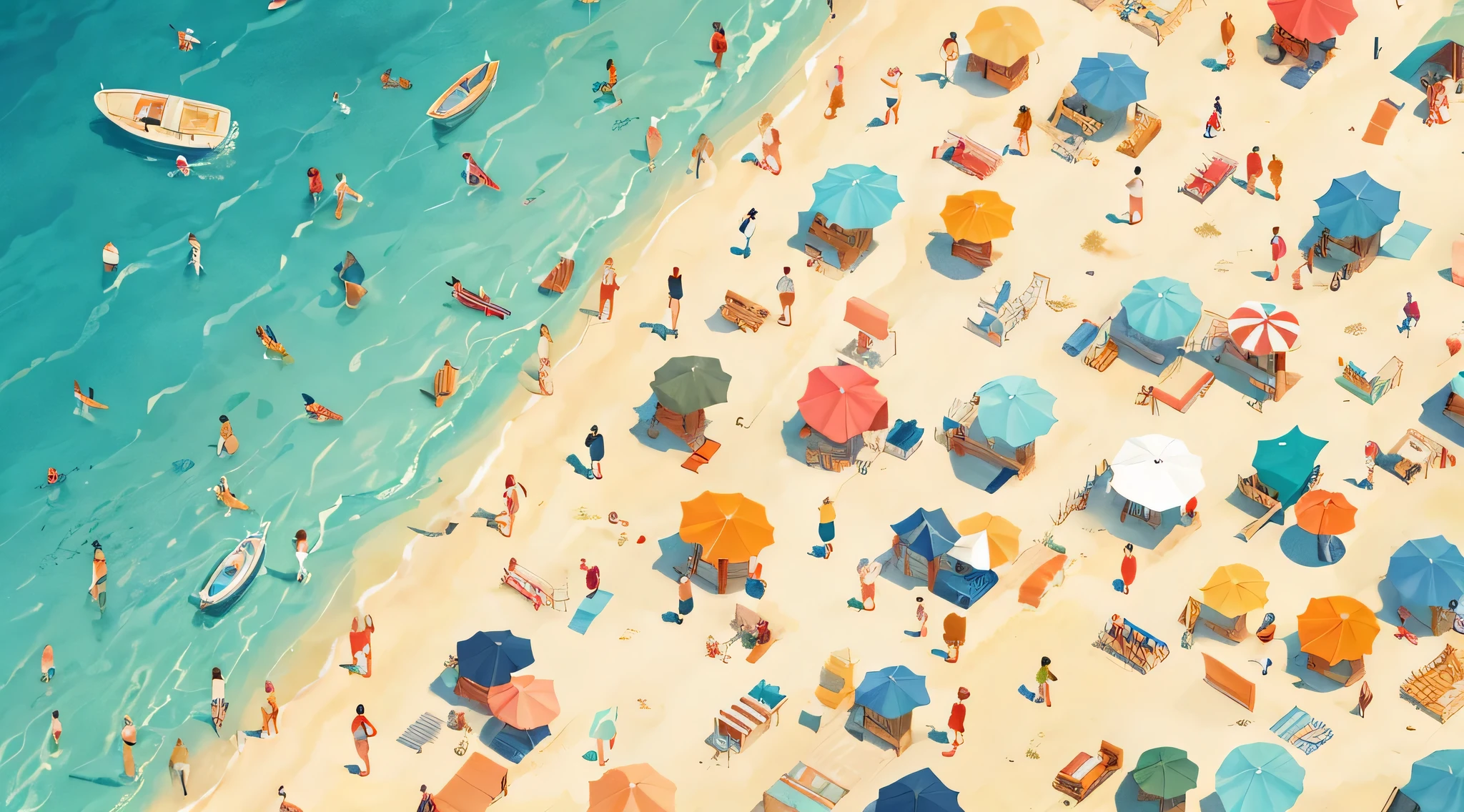 (best quality, masterpiece:1.2), aerial view of a holiday beach, packed with people, summer, vibrant, simple lines, perfect illustration