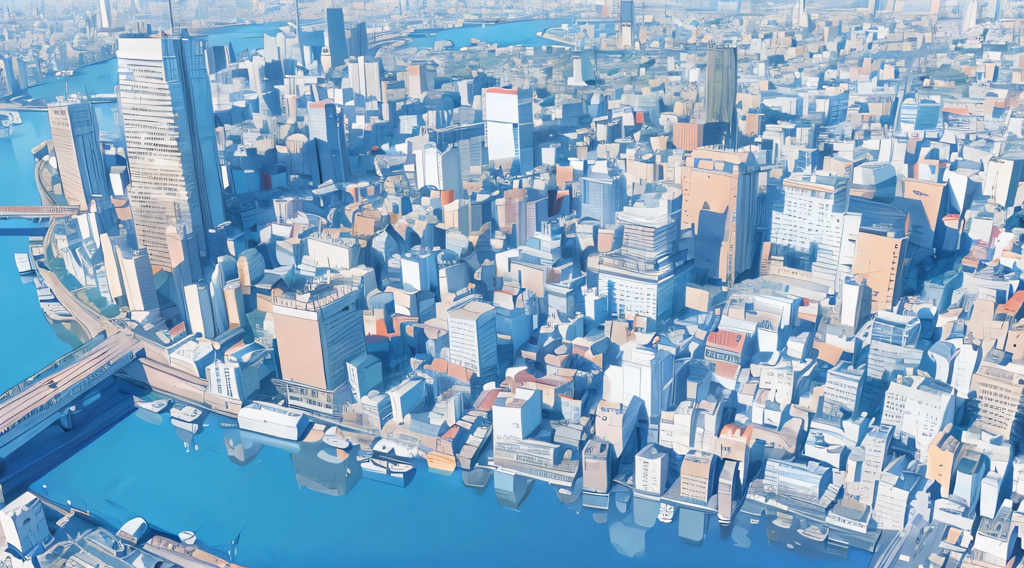(best quality, masterpiece:1.2), aerial view of tokyo city, simple lines, dense population, ghibli, perfect illustration
