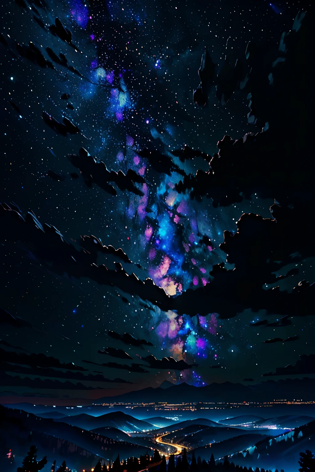 NSFW, (((Masterpiece, Super Amoled Wallpaper, 9:16 Ratio, High Resolution))), Black background, Shiny Mountain Peaks, (Detailed Landscapes, Beautiful Mountain Views), Galaxies View in the Sky, (Starry Night, Infinite Space), Cinematic Lighting, Realistic Textures, Dynamic Contrasts, (Awe-inspiring, Mysterious), (Highly Detailed Background:1.0), (Depth of Field, Soft Focus), (Sublime, Breathtaking), Masterpiece, High Quality, 1Scene, (Night Scene, Outdoor Scenery), (Natural Beaut