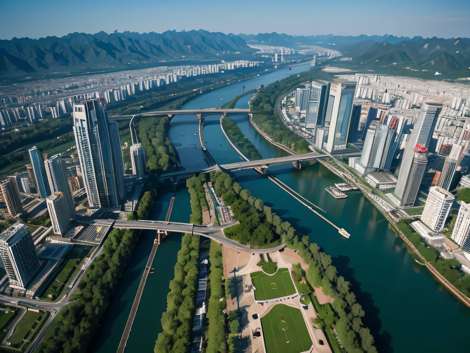Aerial perspective,aerial view of a city with a river running through it, aerial view of a city, baotou china, wide angle river, Hangzhou, Drone overlooking the city, Shenzhen, Guangjian, bird'city perspective, ruanjia, view from above, wide aerial shot, Xianxia, View above, 古老土地的bird瞰图