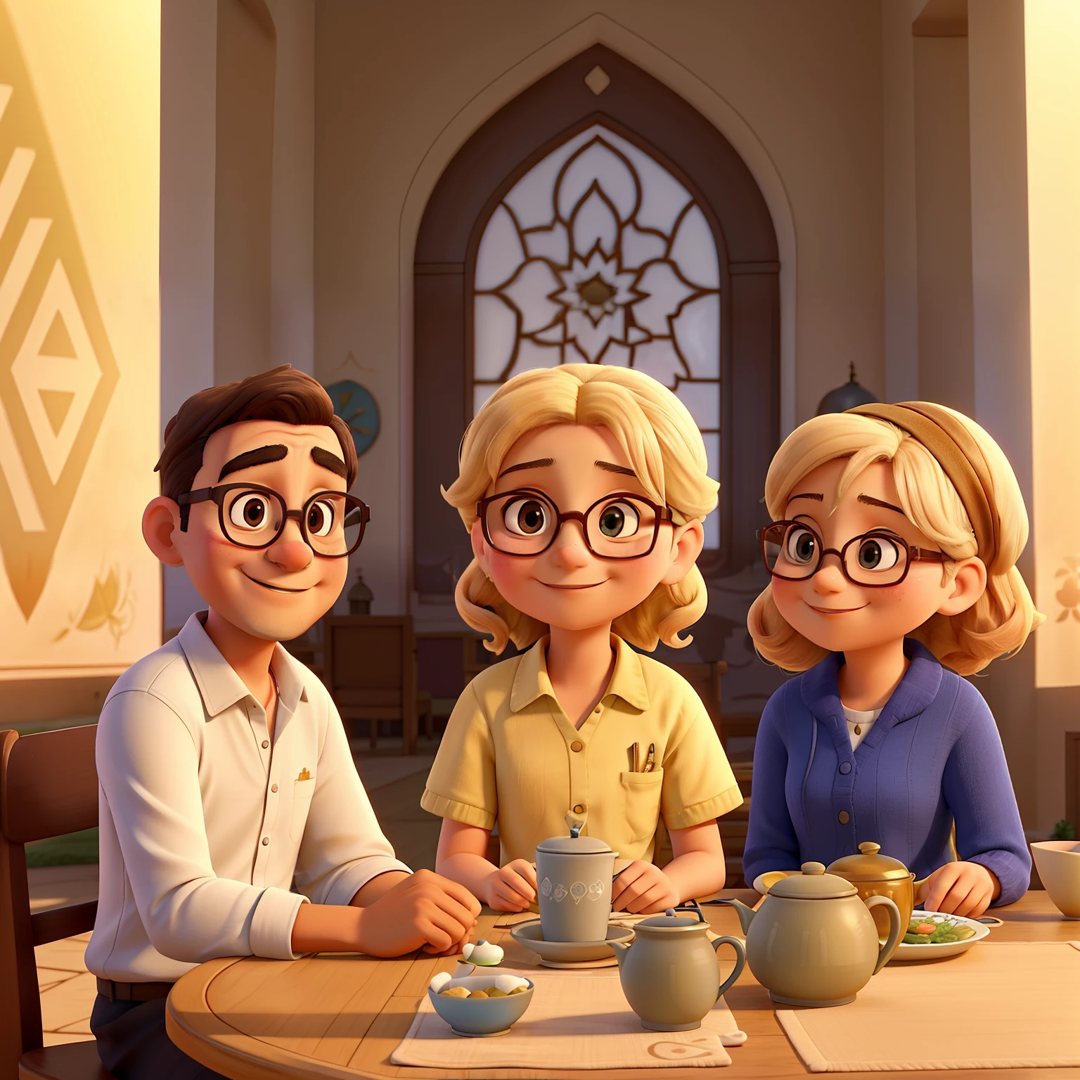 In the scene, a family of four gathers around a table on a warm summer day. The father, with a kind and welcoming expression, sits with his arms wrapped around his beloved wife. The mother, her cheeks round and rosy from the sun, smiles back at her husband as they share a moment of tranquility. Their two children, both women with generously endowed figures, sit across from them with glasses of iced tea in their hands. The sun casts a golden glow over the scene, illuminating the animated photos and intricate patterns of the mosque in the background. The atmosphere is peaceful, filled with love and the simple pleasure of spending time together, as they enjoy their refreshing beverage and