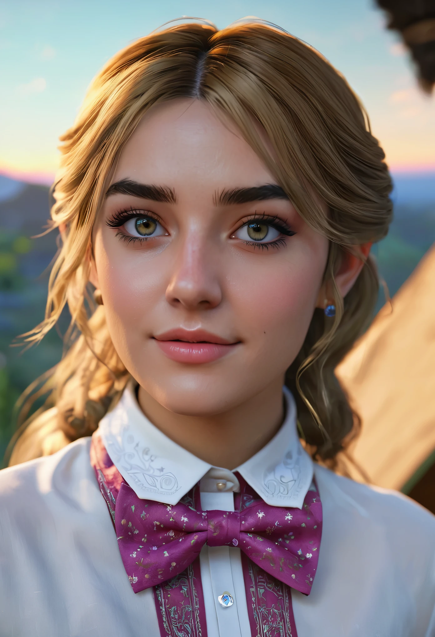 (8K, foto cruda, Mejor calidad, Obra maestra: 1.2), (realista, photo-realista: 1.37), ultra detallado, 1 chica como la princesa Zelda de breath of the wild hermoso, solo, hermoso detailed sky, detailed coffee, Noche, session, tener una cita, (Nariz enrojecida), (sonrisa: 1.1), (boca cerrada), pechos medianos, hermoso detailed eyes, (camisa de cuello: 1.1), bow tie, falda plisada, media sentadilla, menstruando,