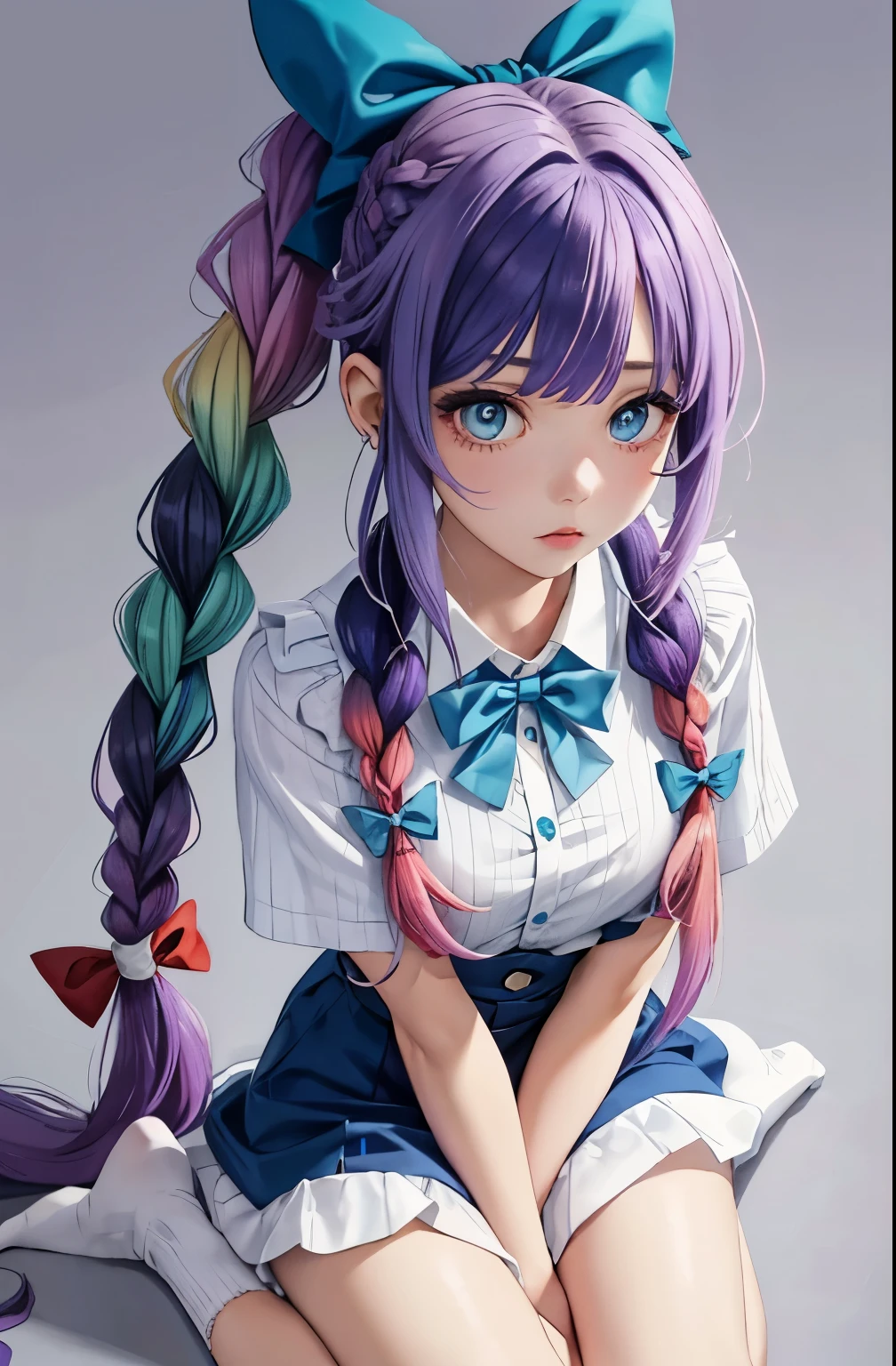 1girl, solo, kneeling, sitting on floor, dynamic pose, full body, lot of hair color, 5 dying color on hair, twintails, pigtail, (ring hair), (((gradient color hair))), ombre hair, ((braided hair rings)), wavy hair, (((mixing violet color))), (colorful hair), multiple hair color, ((enhancement hair color)), ((galaxy color)), (((kawai hair style))), hair clip, hair bowtie, ((blue bow + red bow)), aqua eyes, (high neck), white shirt, ribbon, jewelry, button, pretty face, ((cute face)), thigh gap, small breast, grey background