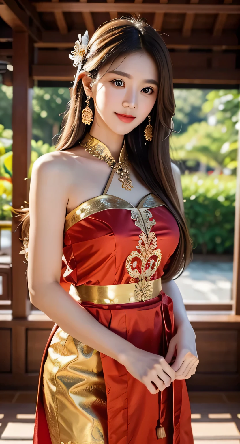 Beautiful girl with brown hair and brown eyes in a Thai traditional dress., smile, That's very detailed., (((medium shot))),, (Beautiful face details), intricate detailed, Pictures of elegant and complex Thai patterns, very high details, Realistic photos, 8k, UHD, hyperdetailed,