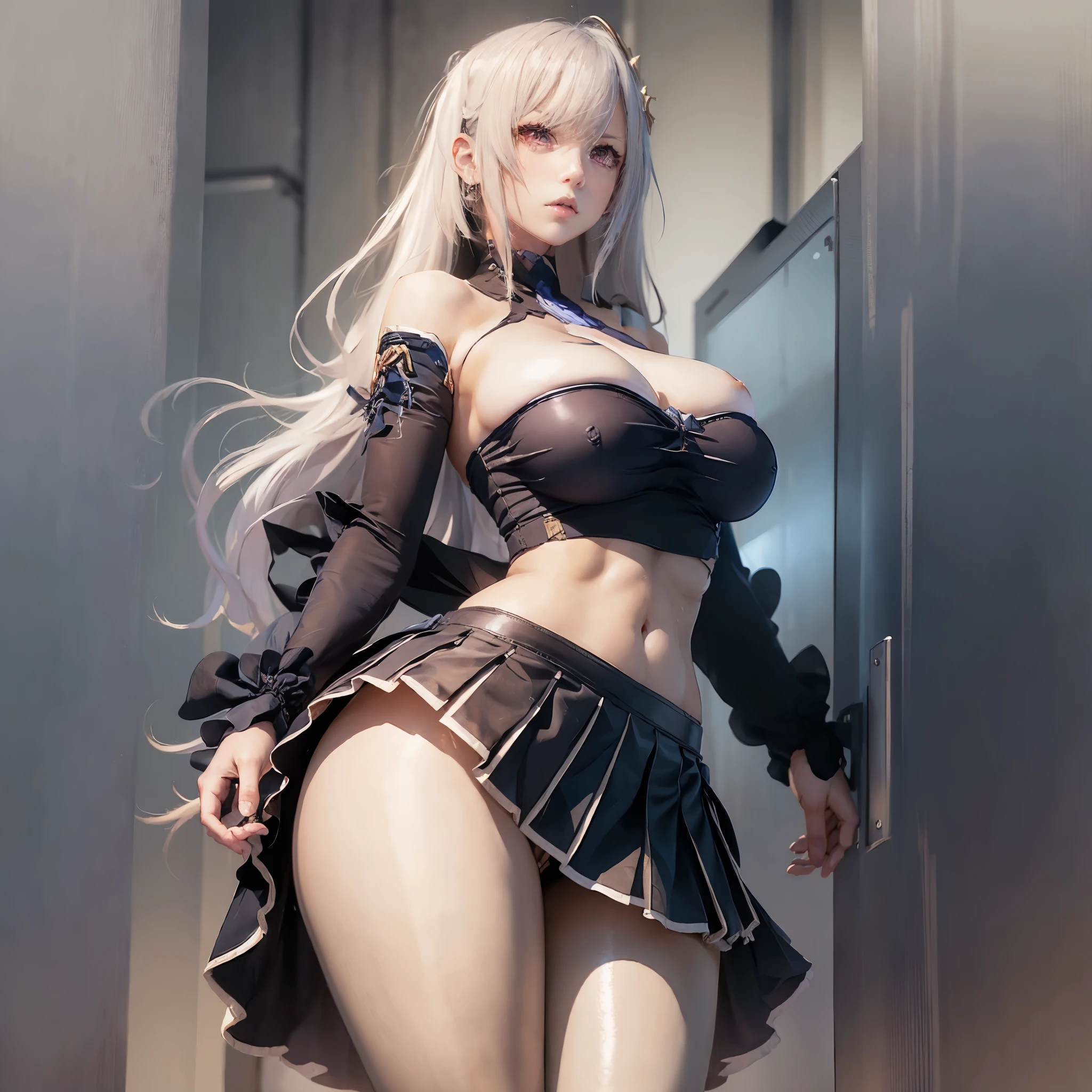 1girl, Big breasts, bulged skirt, ripped tights. Body turned to camera. Looking at camera seductive eyes. Pout lips. Crop top.
