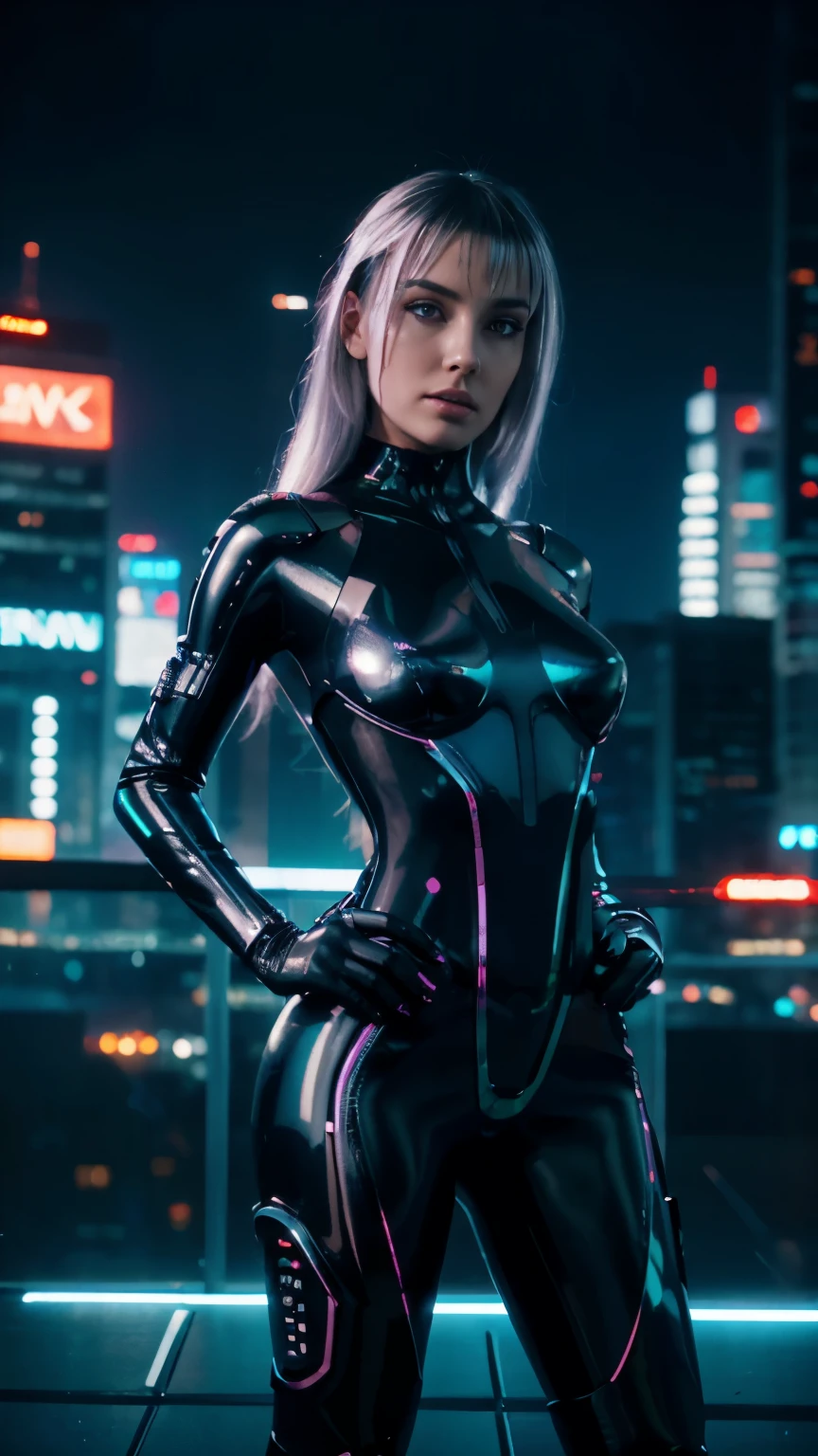 Futuristic woman wearing a sleek silver jumpsuit embedded with light-up circuitry, standing confidently with her hands on her hips in front of a cyberpunk cityscape, neon signs flickering, holograms floating by, dusk sky overhead, urban and high-tech, digital painting, ultra clear, 8k, cinematic.