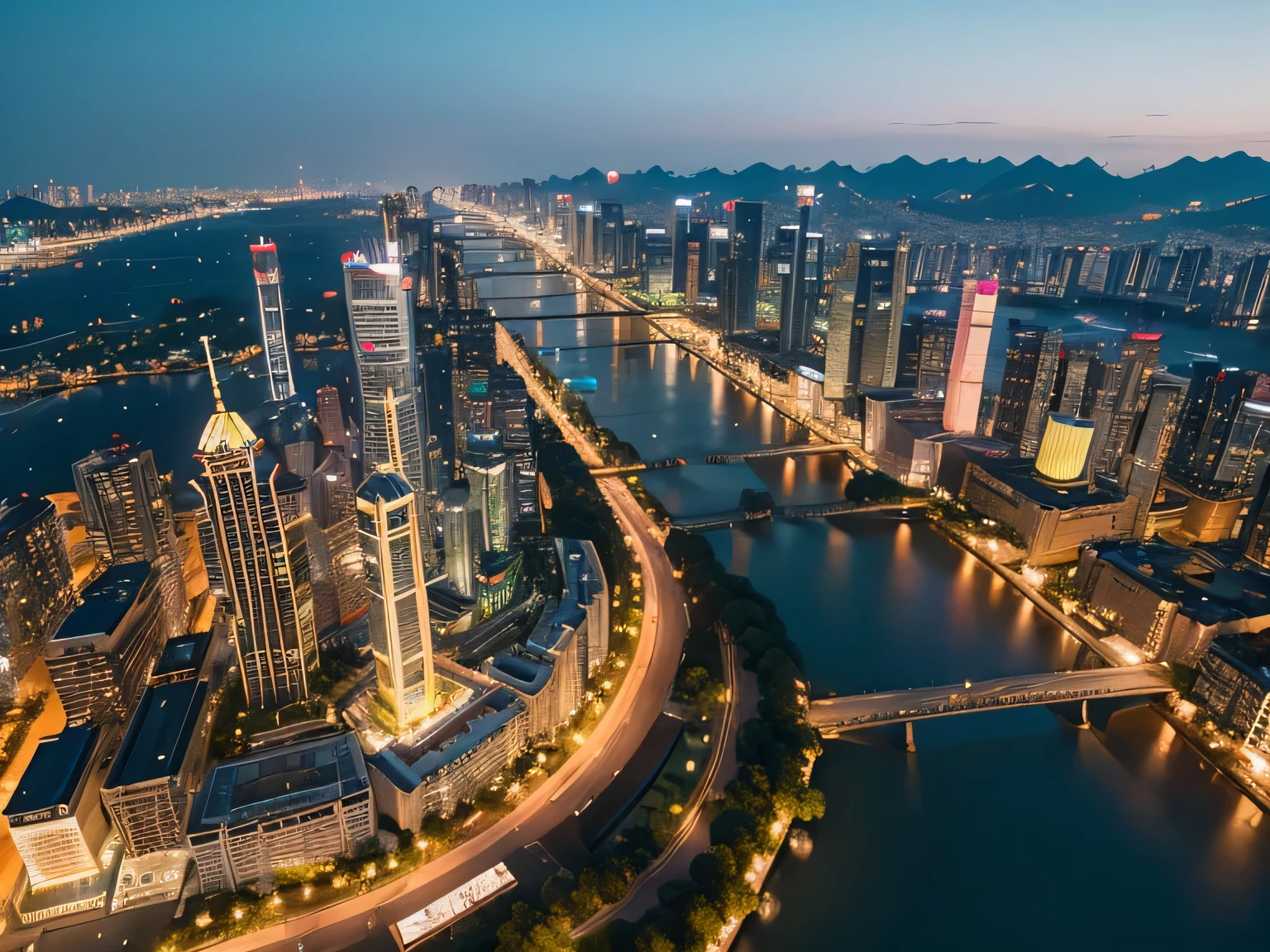 Aerial perspective,aerial view of a city with a river running through it, aerial view of a city, baotou china, wide angle river, Hangzhou, Drone overlooking the city, Shenzhen, Guangjian, bird'urban perspective, ruanjia, view from above, wide angle aerial shot, Xianxia, View above, 古老土地的bird瞰图