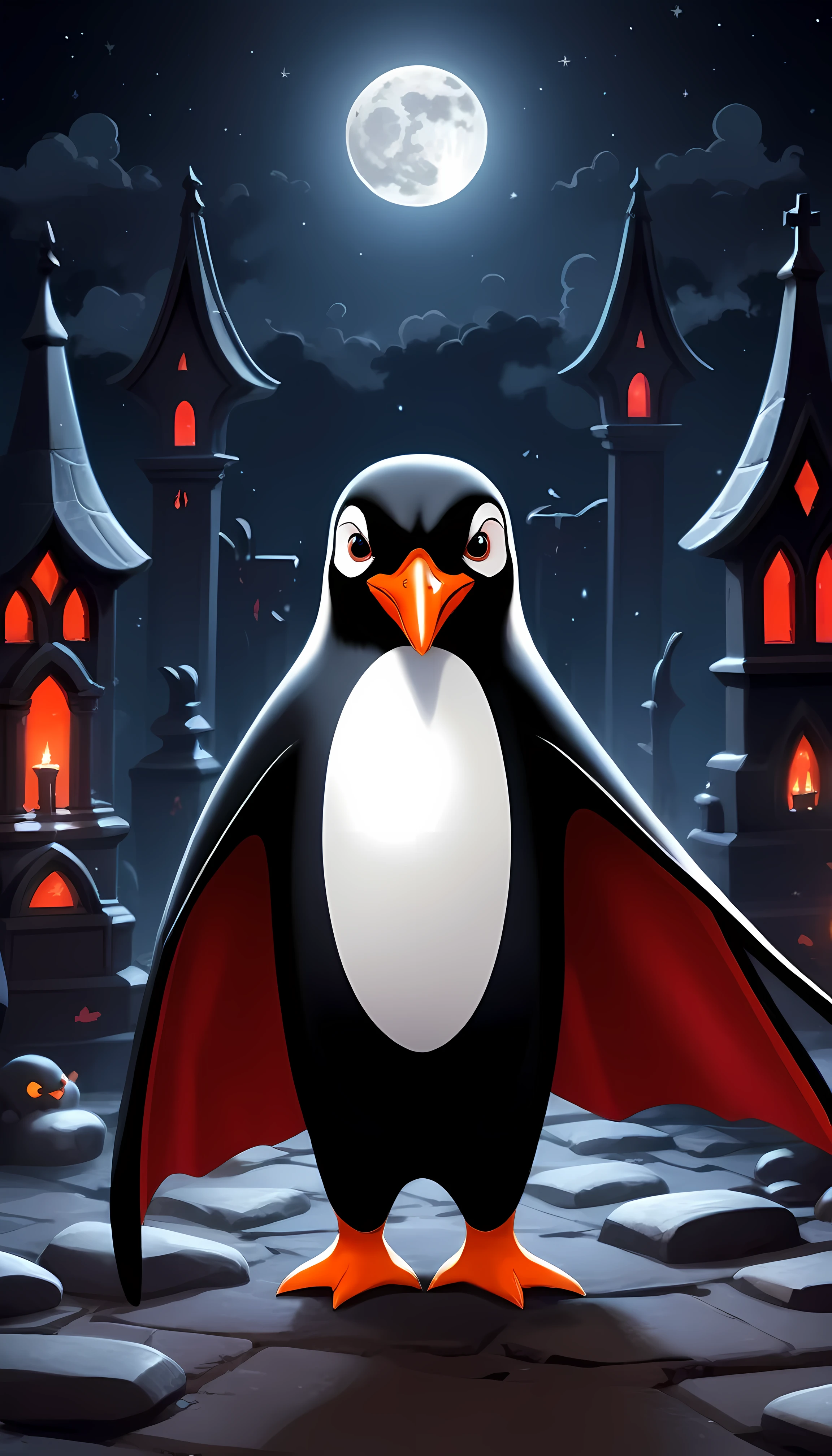 CuteCartoonAF, Cute Cartoon, Vlad the Penguin, a friendly and stylish penguin vampire dressed in a sleek black cape with striking red lining, surrounded with adorable floating ghosts amidst the moonlit graveyard setting. | ((More_Detail))