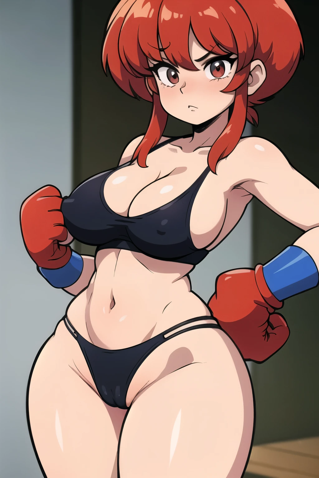 Ranma saotome, cabello rojo, pelirroja, rubor, concentration face, muslos, cintura estrecha, pechos grandes, cadera ancha, ricos pechos, escote prominente, pechos grandes, escote, cuerpo completo, pose vulgar, escote grande, pezones ricos, vulgar, pechos vulgares, escote muy grande, ropa deportiva, boxeando, peleadora sexy