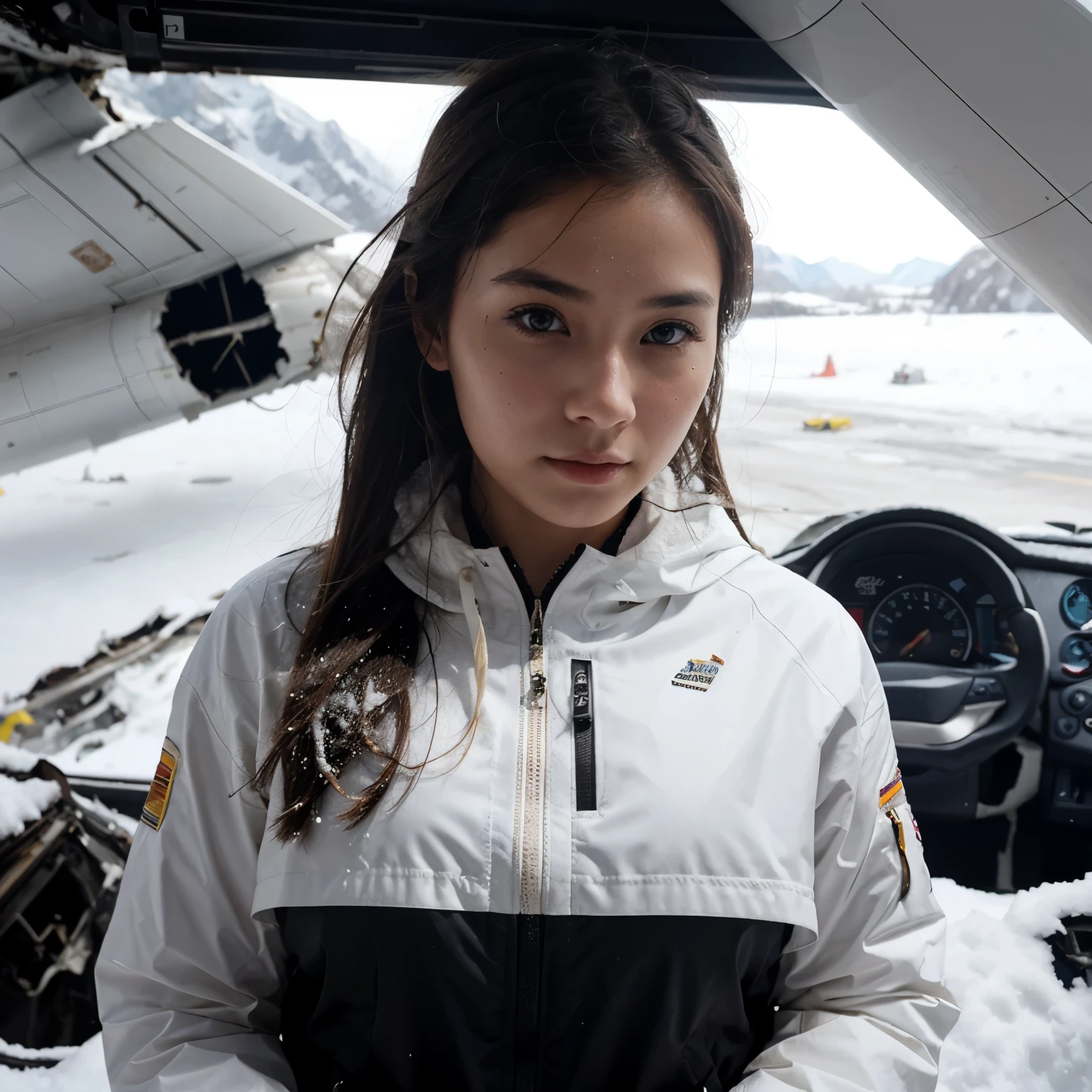 Beautiful girl with big , survive from plane crash accident, snow mountain,