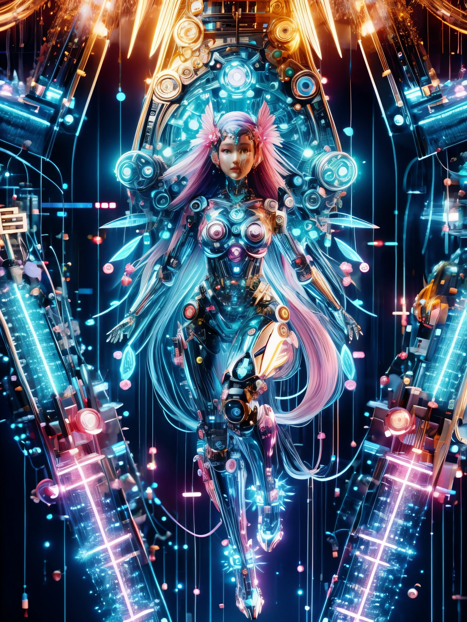 1 cute girl,Its body is made of fine metal parts。Eyes are like two sparkling gems,Transparent glow,Under the illumination of neon lights,Create sparkling effects with high-precision mechanical components。Surrounded by exotic plants and Easter eggs,Create a mysterious and fantasy atmosphere。The scene combines traditional themes with a futuristic steampunk style,Showcasing the girls' intricate mechanical designs and magical garden environments,((First-person perspective,pov,eyes on the audience))