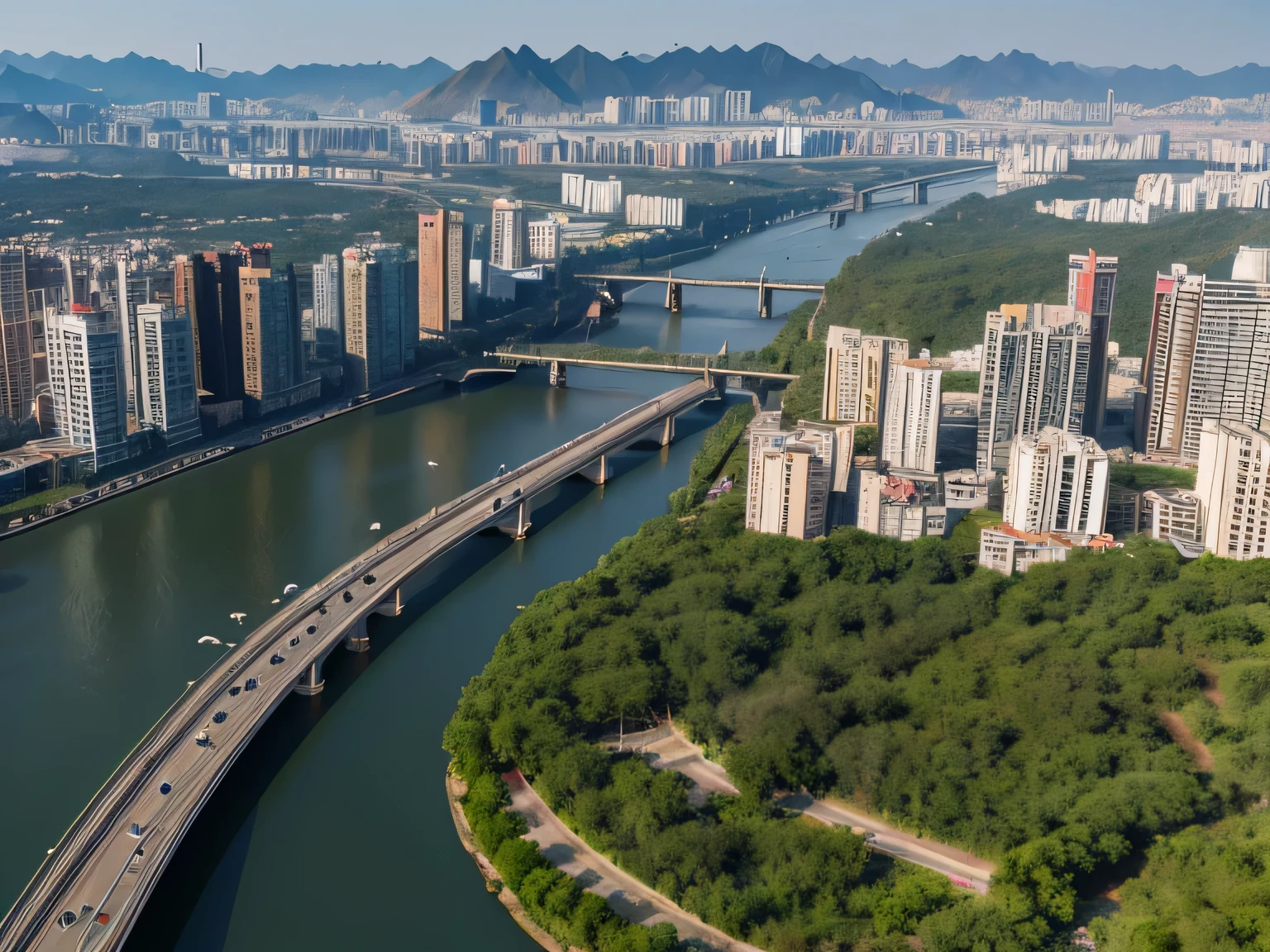 Aerial perspective，aerial view of a city with a river running through it, aerial view of a city, baotou china, wide angle river, Hangzhou, Drone overlooking the city, Shenzhen, Guangjian, bird&#39;urban perspective, ruanjia, view from above, wide angle aerial shot, Xianxia, View above, 古老土地的bird瞰图
