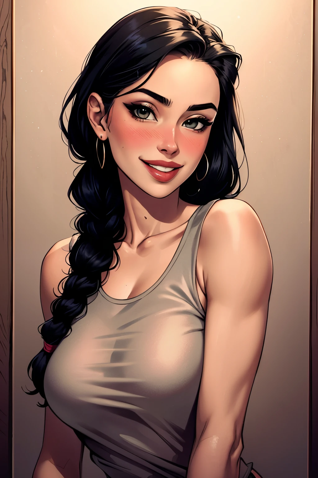Amazing portrait of a sexy woman wearing her black braided hair, moans, soft lips, parted, blushing intensely, smiling, short tank top, medium chest, perfect body,