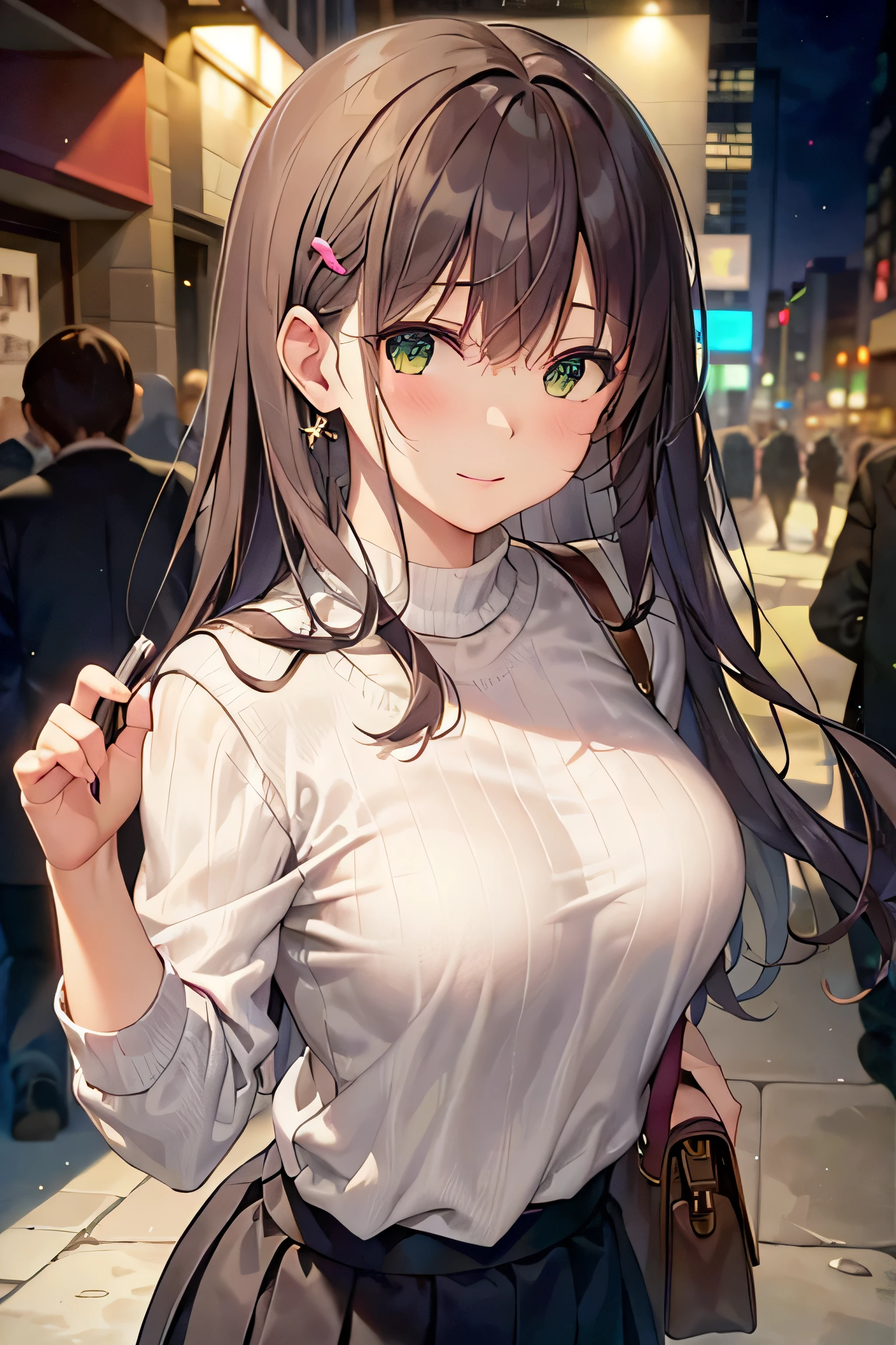 ((masterpiece, highest quality, High resolution, Hmm, perfect pixel, written boundary depth, 4k, RTX, HDR))),big smile, 1 girl, single, alone, beautiful anime girl, beautiful art style, anime character, 24-years-old, ((long hair, bangs, dark brown hair, curly hair:1.2, hairpin)), ((detailed face, blush:1.2)), ((green eyes:1.8, glitter effect, fine eyelashes)), ((smooth texture:0.75, realistic texture:0.5, Anime CG style)), ((medium breasts)), dynamic angle, big breasts, perfect body, ((close, throw, portrait, hold my face)), ((white sweater, skirt:1.5, skirt folds, pleated skirt style)), (visible good strap, good strap), night, night lamp, Bokeh:1.4, (outdoors, city buildings, crowd), (Snazzy, handbag)