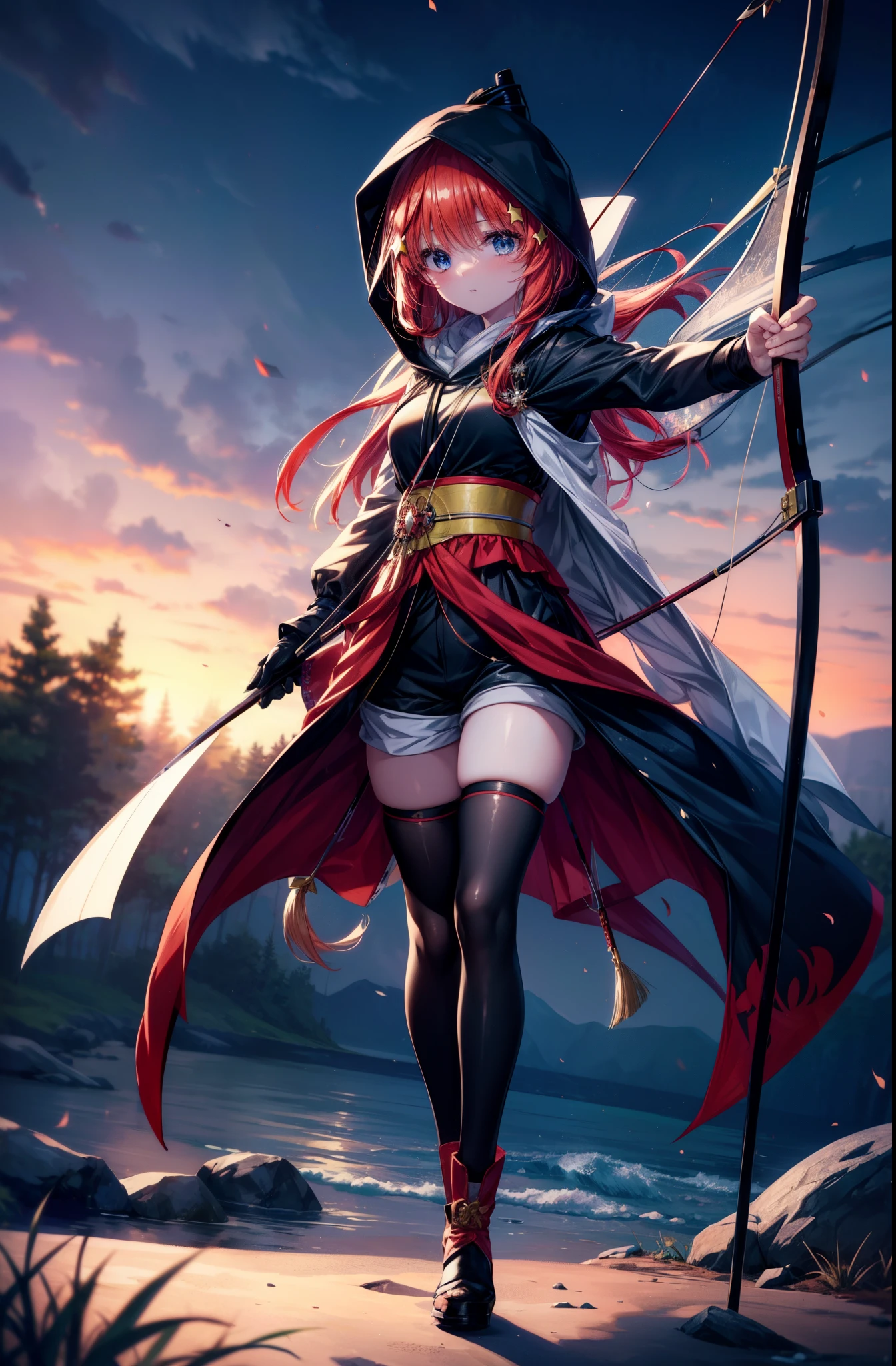 itsukinakano, Itsuki Nakano, bangs, blue eyes, hair between eyes, , redhead, star \(symbol\), hair ornaments, star hair ornaments,hood up,holding a bow and arrow in his hands, anime girl with bow and arrow, Gviz, wield a bow, asymmetrical clothes, boots, cloak,gloves, red Thighhighs, high heels, shorts, Thighhighs,
break outdoors, forest,forest林,
break (masterpiece:1.2), highest quality, High resolution, unity 8k wallpaper, (figure:0.8), (detailed and beautiful eyes:1.6), highly detailed face, perfect lighting, Very detailed CG, (perfect hands, perfect anatomy),