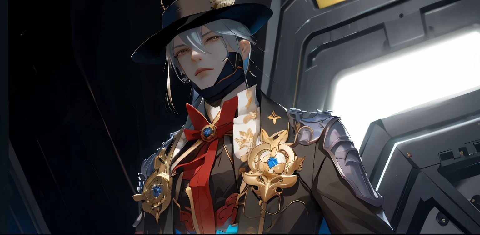 a robot, android, sci-fi man screwllum,Honkai starrail, closer of a handsome man, Final Fantasy, FF7, handsome man, androgynous prince, delicate androgynous prince, handsome prince, zhongli from genshin impact, heise jinyao, casimir art, genshin, loong, royal elegant pose, taisho roman, granblue fantasy