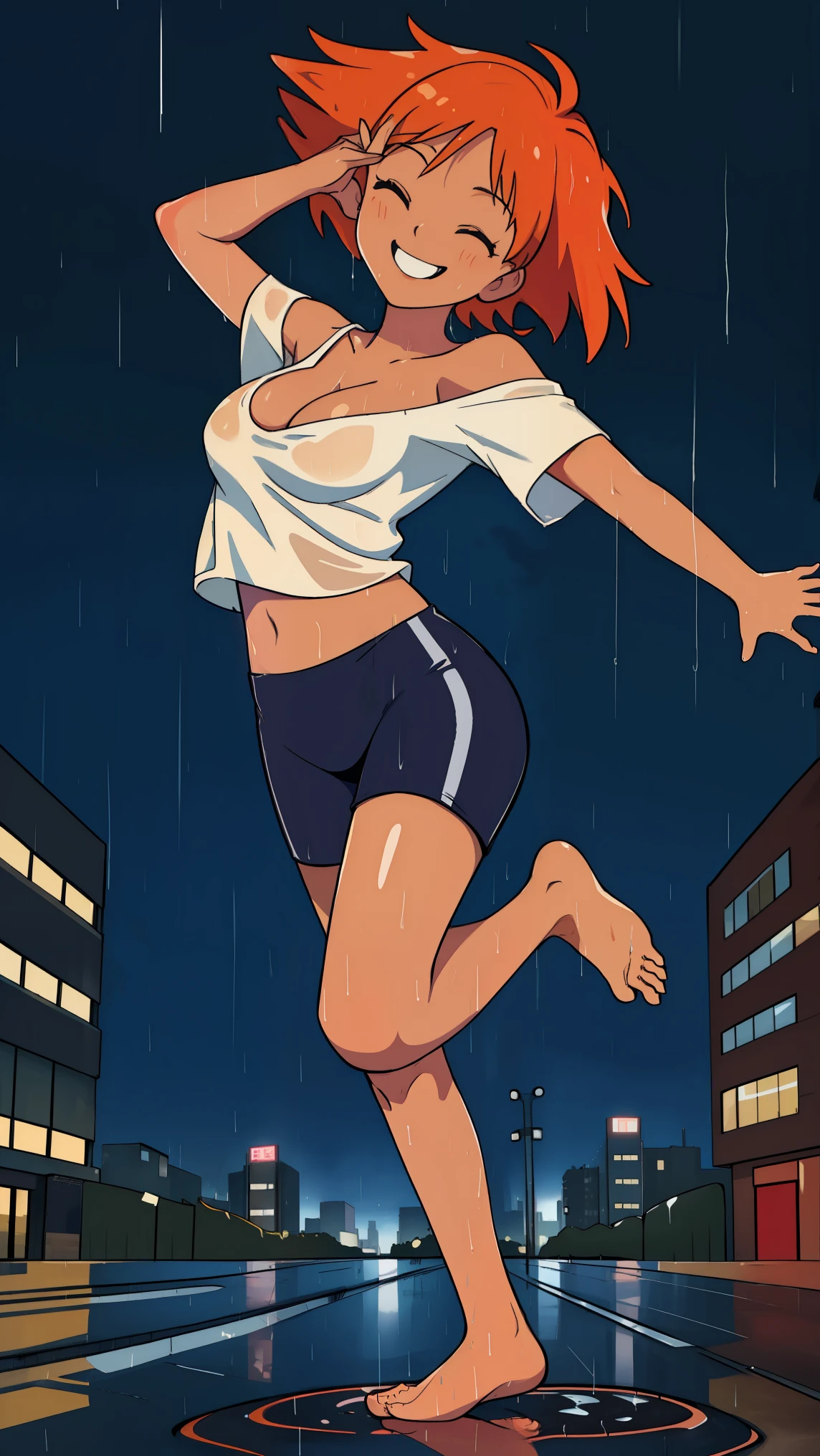 Edward, (((dancing))) in the rain, (((barefoot))) raining hard, full body, feet in puddle, hands in the air, looking up at the sky, eyes closed, (((city background))) (((night time))) smiling, wet clothes, wet hair, clothing clinging to skin, midriff,orange hair,white shirt,off shoulder,collarbone,tan skin, black bike shorts,goggles, brown eyes, smiling, breasts, cleavage (insanely detailed, beautiful detailed face, masterpiece, best quality),