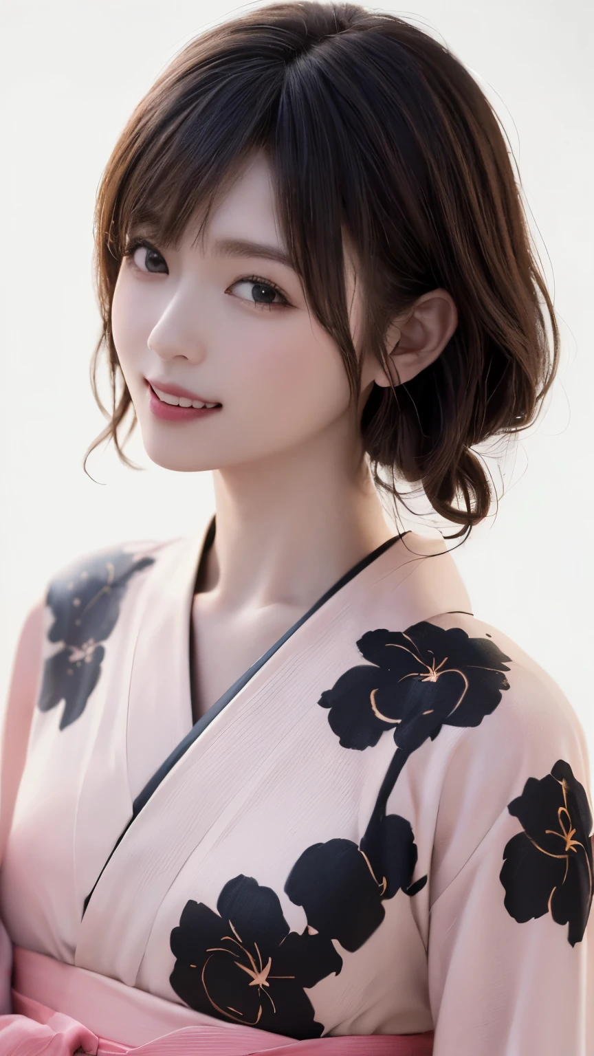 (highest quality、8k、32K、masterpiece、nffsw:1.2)、(RAW photo)、(realistic)、(Photoreal:1.2)、(High resolution)、Super detailed、very beautiful face and eyes、1 girl、round and small face、thin waist、delicate body、(close、highest quality、high detail、rich skin details、nffsw)、(highest quality、8k、oil paint:1.2)、Super detailed、(realistic、realistic:1.37)、(((I'm touching my head)))、(((Bewitching atmosphere)))、(((laughter)))、(((From the waist up, it is visible)))、(((white background)))、((lob hair))、(((pure white wall background)))、(((She is wearing a pink and black yukata)))、(((pure white wall background)))、(((pink and black clothes)))、(((A yukata with a firework pattern)))、