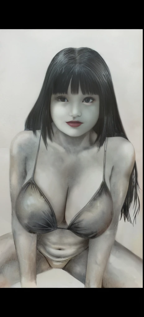 Woman wearing bikini top sitting on bed、Realistic Graphite,  black hair girl, asian girl,  realistic proportions!!realistic colors、full color:1、(8k wallpaper, UHD, HDR, photo realistic:1.3), (ultra-high resolution, absurdres:1.2), 
(highly detailed, extreme detailing, precision detailing:1.2),
(Fine illustration, originality, best aesthetic), masterpiece,
(full colors, studio-caliber color grading),
BREAK、fullcolor style that is full of the season.:1.4),