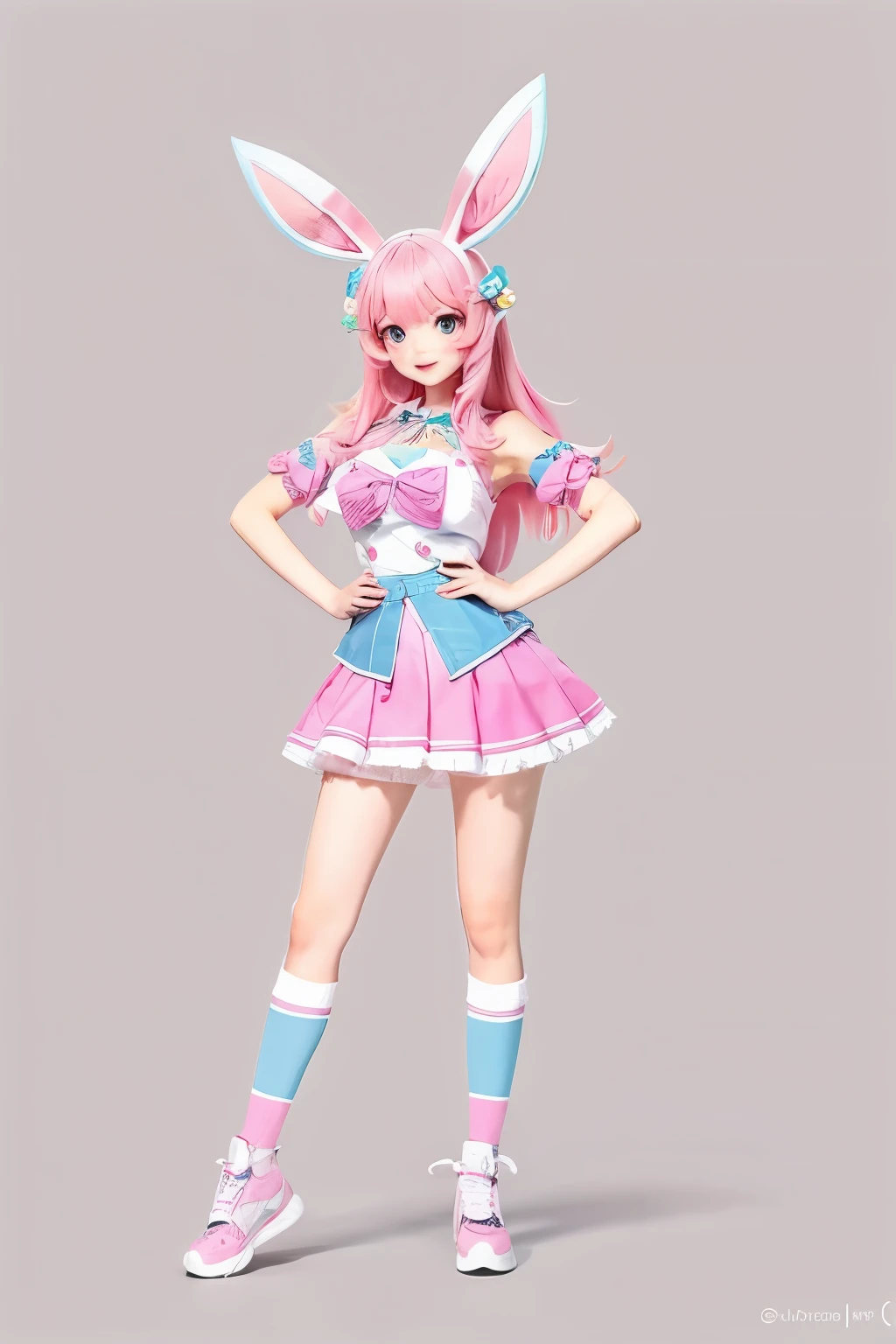 An illustration,Rabbit Girl,pink hair,,cute,standing pose,semi-long,field
