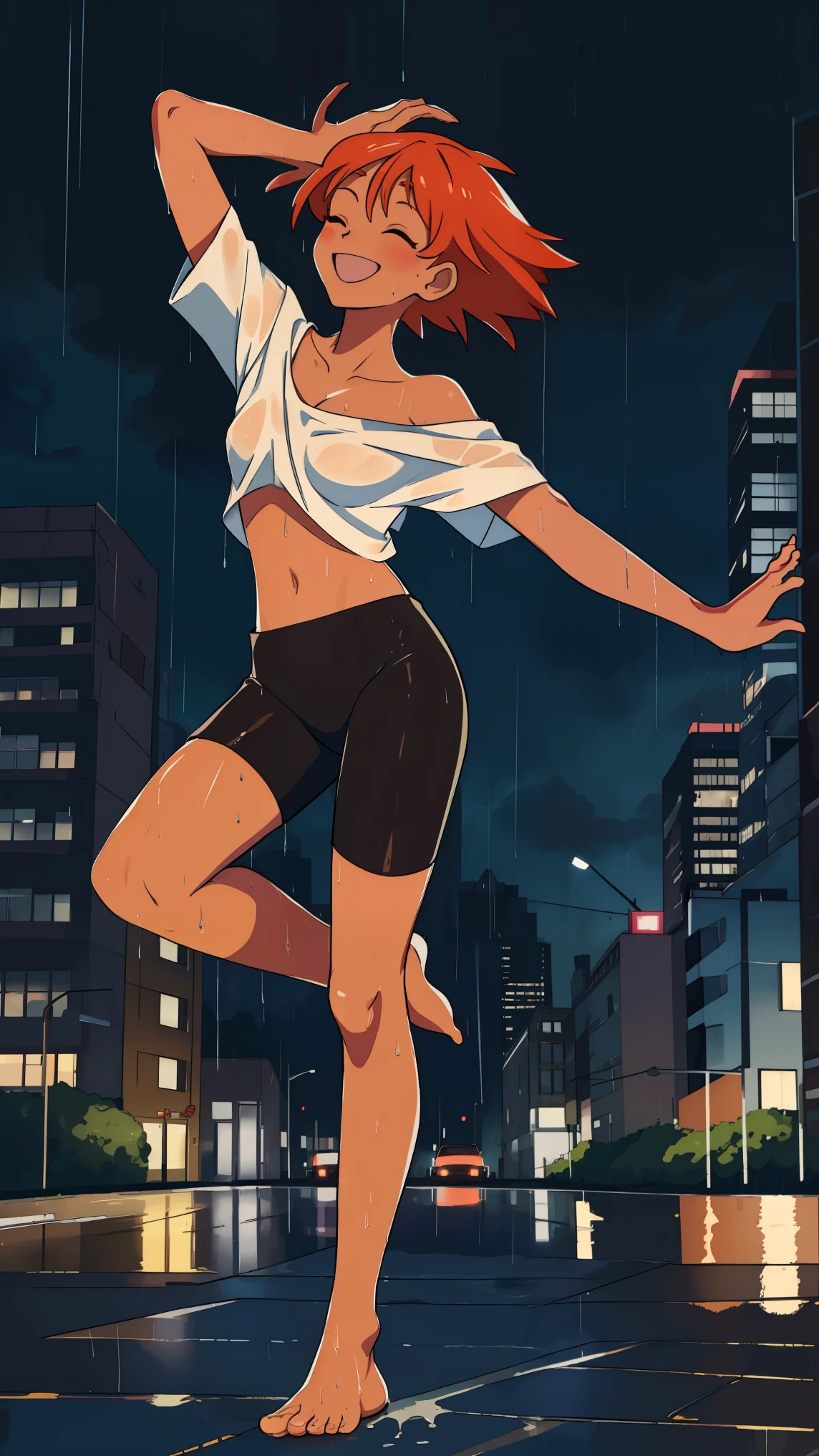 Edward, (((dancing))) in the rain, (((barefoot))) raining hard, full body, hands in the air, looking up at the sky, eyes closed, (((city background))) (((night time))) smiling, wet clothes, wet hair, clothing clinging to skin, midriff,orange hair,white shirt,off shoulder,collarbone,tan skin, black bike shorts,goggles, brown eyes, smiling, breasts, cleavage (insanely detailed, beautiful detailed face, masterpiece, best quality),