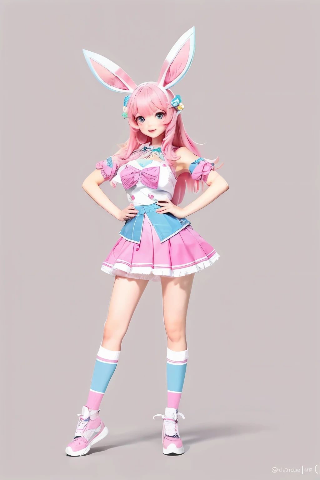 An illustration,Rabbit Girl,pink hair,,cute,standing pose,semi-long,field