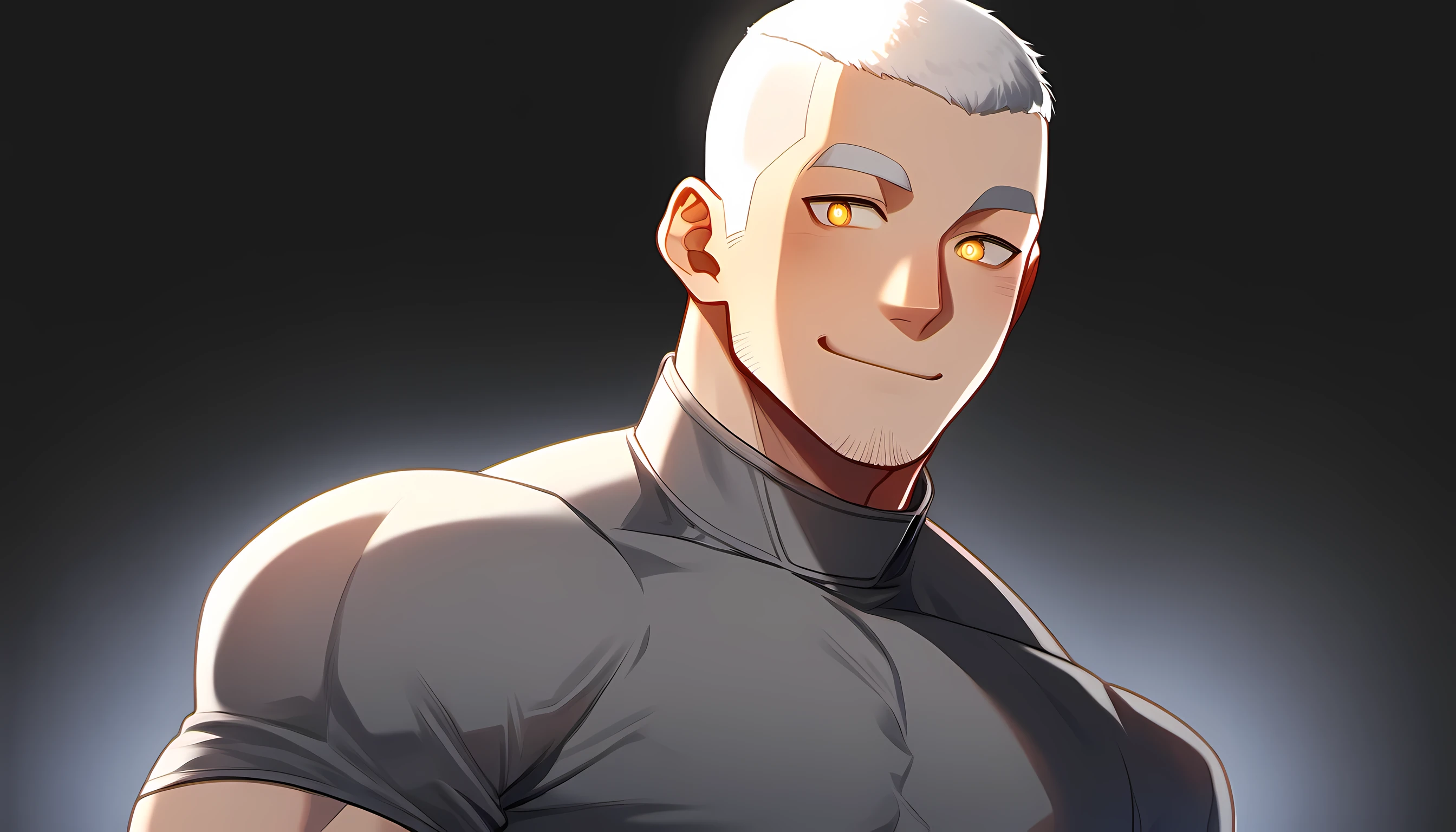 1 young muscular man, male focus, High collar dark gray spandex tight T-shirt, white hair, buzz clip, muscular male, muscular, only, Upper body, alone, white short hair, stubble, yellow eyes, black background, simple background, amazing quality, best aesthetics, Ridiculous, bright pupils, short hair, Smile innocently, blush, best quality