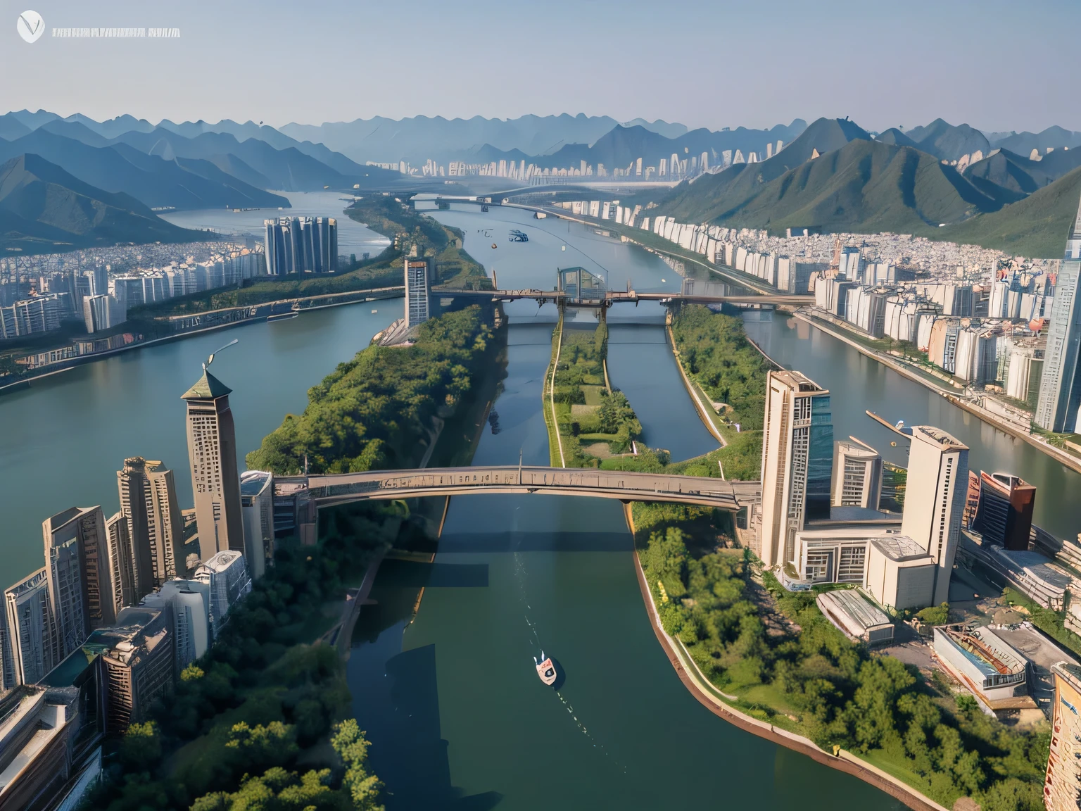 Aerial perspective，aerial view of a city with a river running through it, aerial view of a city, baotou china, wide angle river, Hangzhou, Drone overlooking the city, Shenzhen, Guangjian, bird&#39;urban perspective, ruanjia, view from above, wide aerial shot, Xianxia, View above, 古老土地的bird瞰图