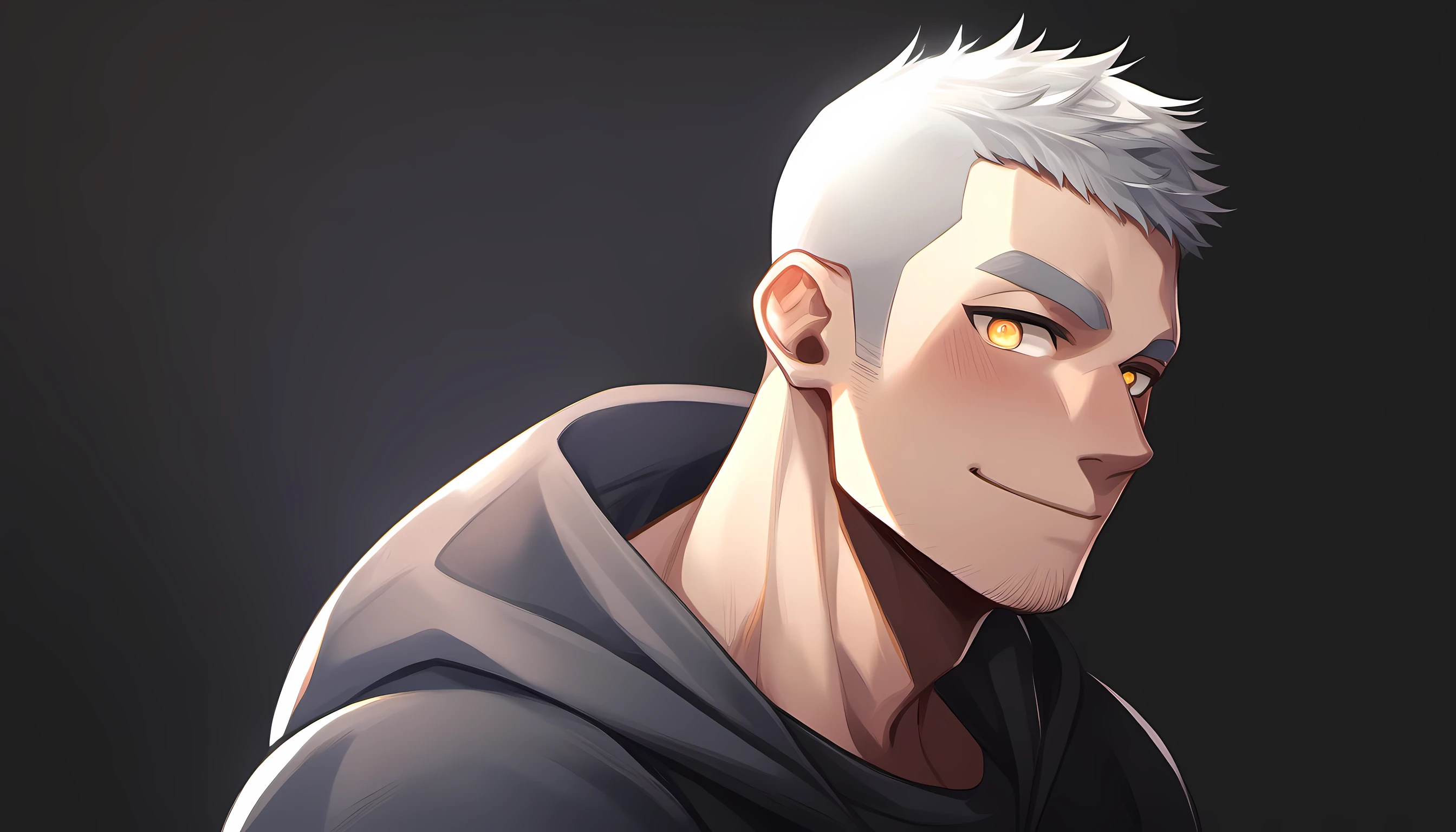 1 young muscular man, male focus, High collar dark gray spandex tight T-shirt, white hair, thick eyebrows, buzz clip, muscular male, muscular, only, Upper body, alone, white short hair, stubble, yellow eyes, black background, simple background, amazing quality, best aesthetics, Ridiculous, bright pupils, short hair, Smile innocently, blush, best quality