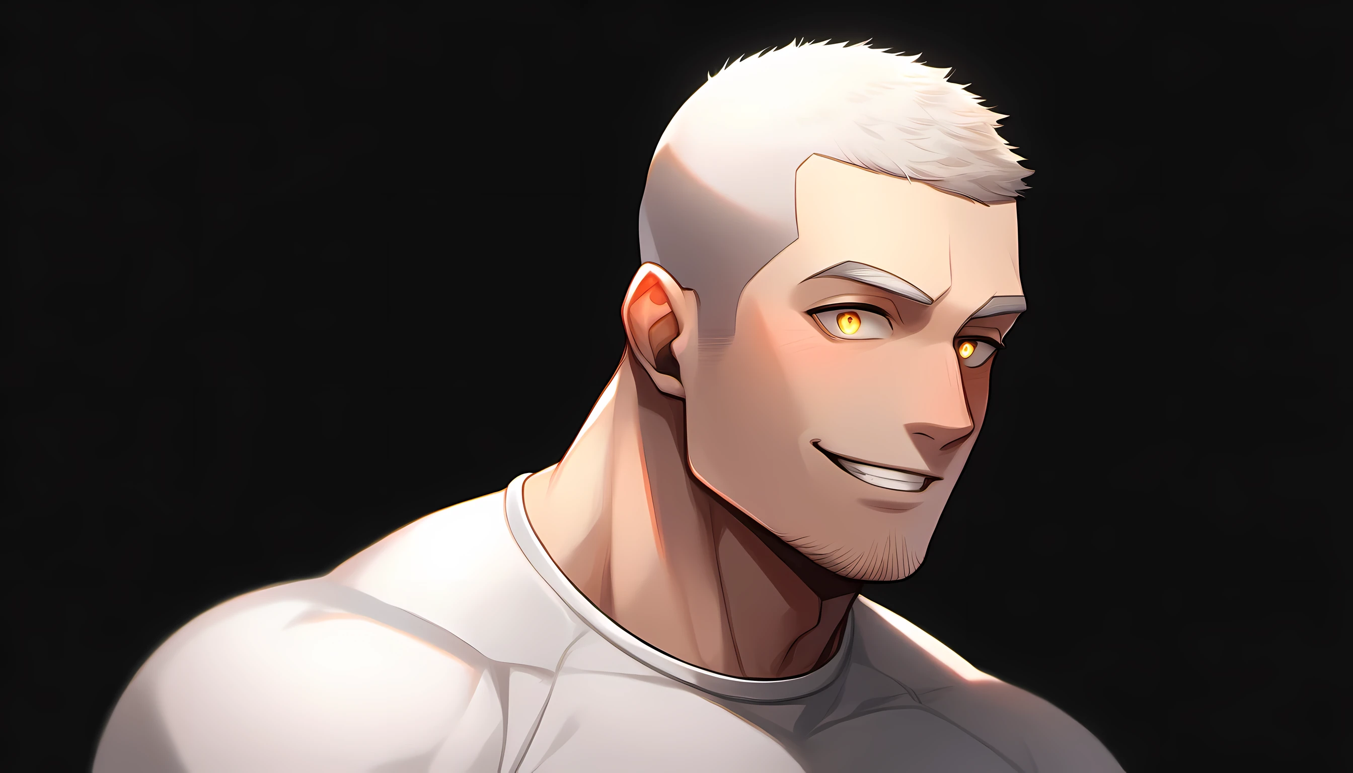 1 young muscular man, male focus, High collar dark red spandex tight T-shirt, white hair, buzz clip, muscular male, muscular, only, Upper body, alone, white short hair, stubble, yellow eyes, black background, simple background, amazing quality, best aesthetics, Ridiculous, bright pupils, short hair, Smile innocently, blush, best quality