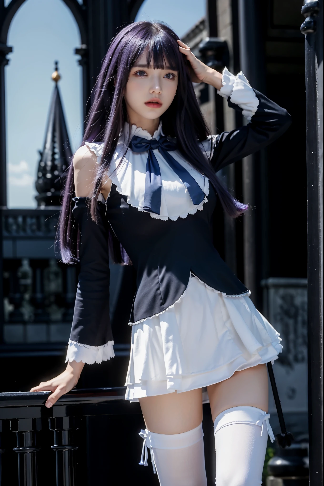 Photorealistic, high resolution, Solo, view the viewer, (Detailed face), bare stomach, battlefield looking, attractive pose, frederica bernkastel, standing, purple hair, dress, bowtie, mary janes, socks, cat tail, tail bow, tail ornament, purple eyes, huge gothic cathedral background, (background focus), (detailed background), praying position hands, extremely detailed CG render 16k, amazingly beautiful woman, gorgeous perfectly symmetric face, full body photo